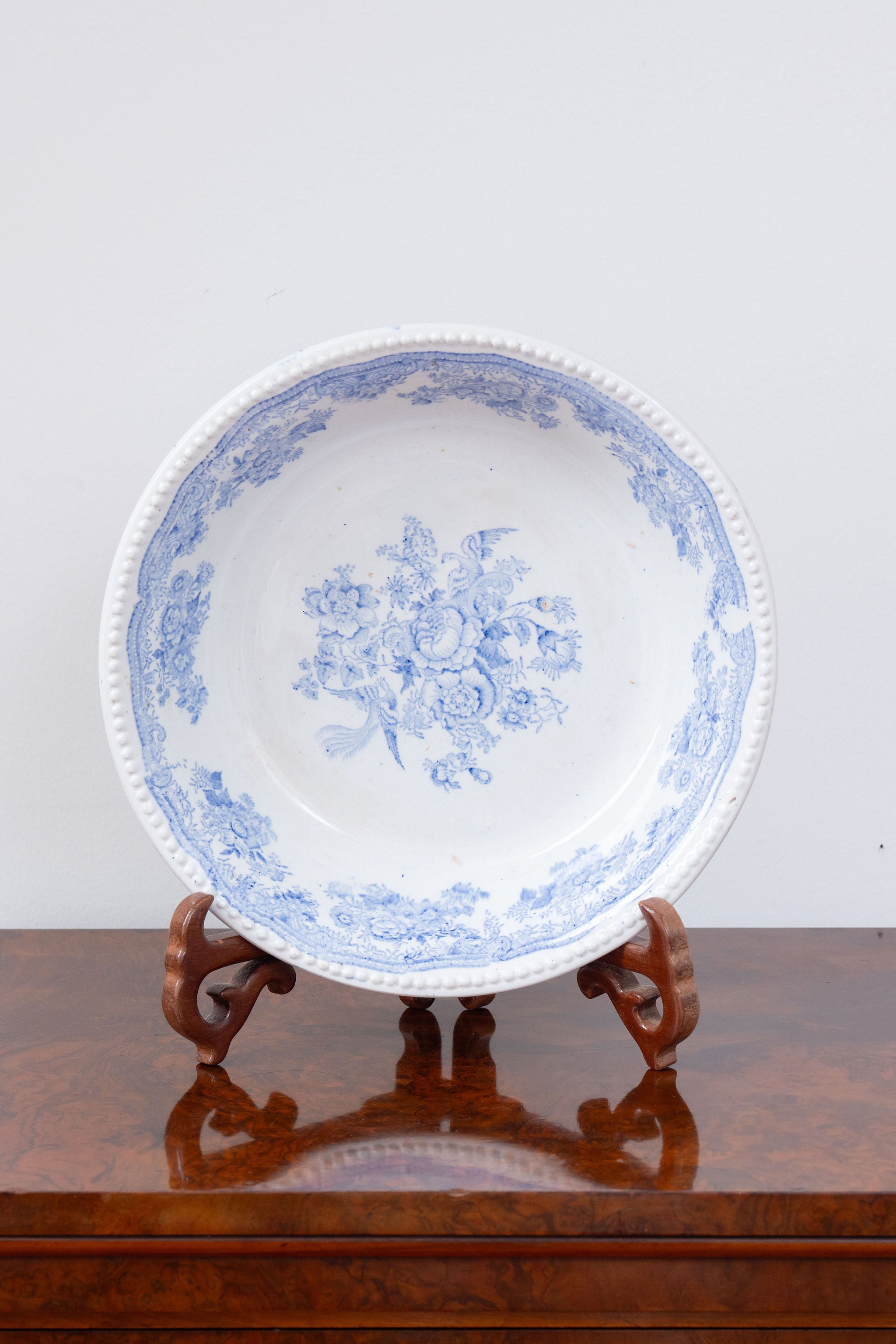 Antique Pale Blue + White Asiatic Pheasants Large Bowl with Beaded Edge