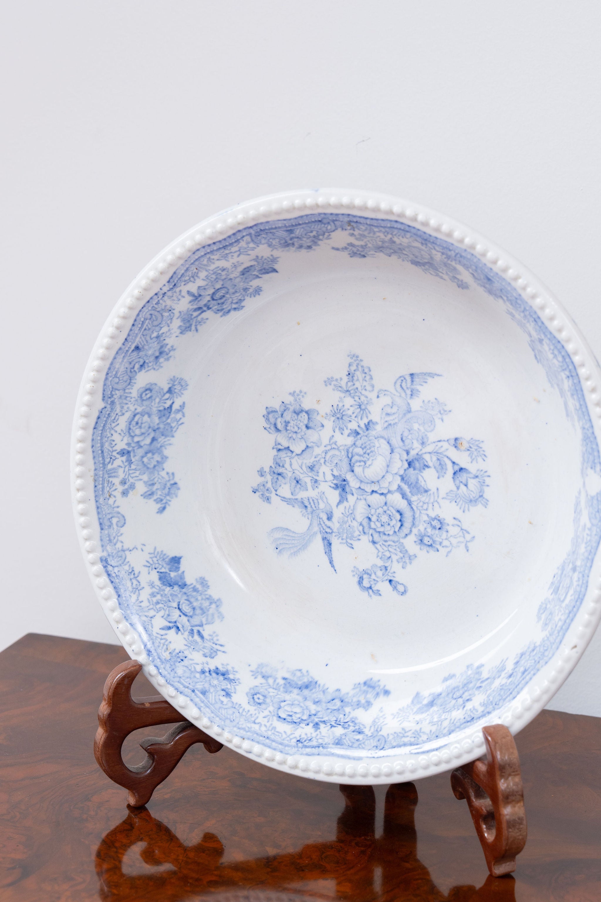 Antique Pale Blue + White Asiatic Pheasants Large Bowl with Beaded Edge