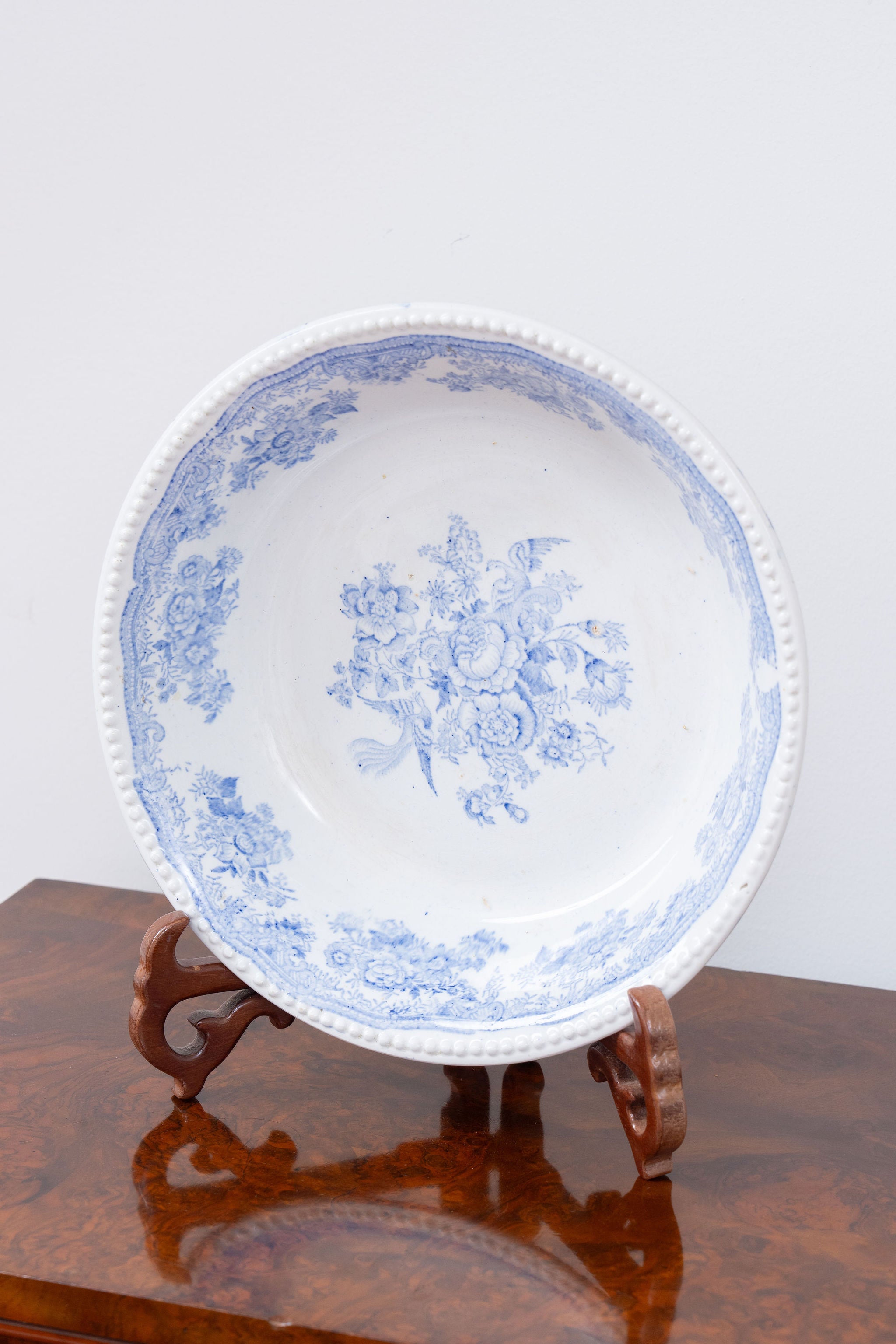 Antique Pale Blue + White Asiatic Pheasants Large Bowl with Beaded Edge