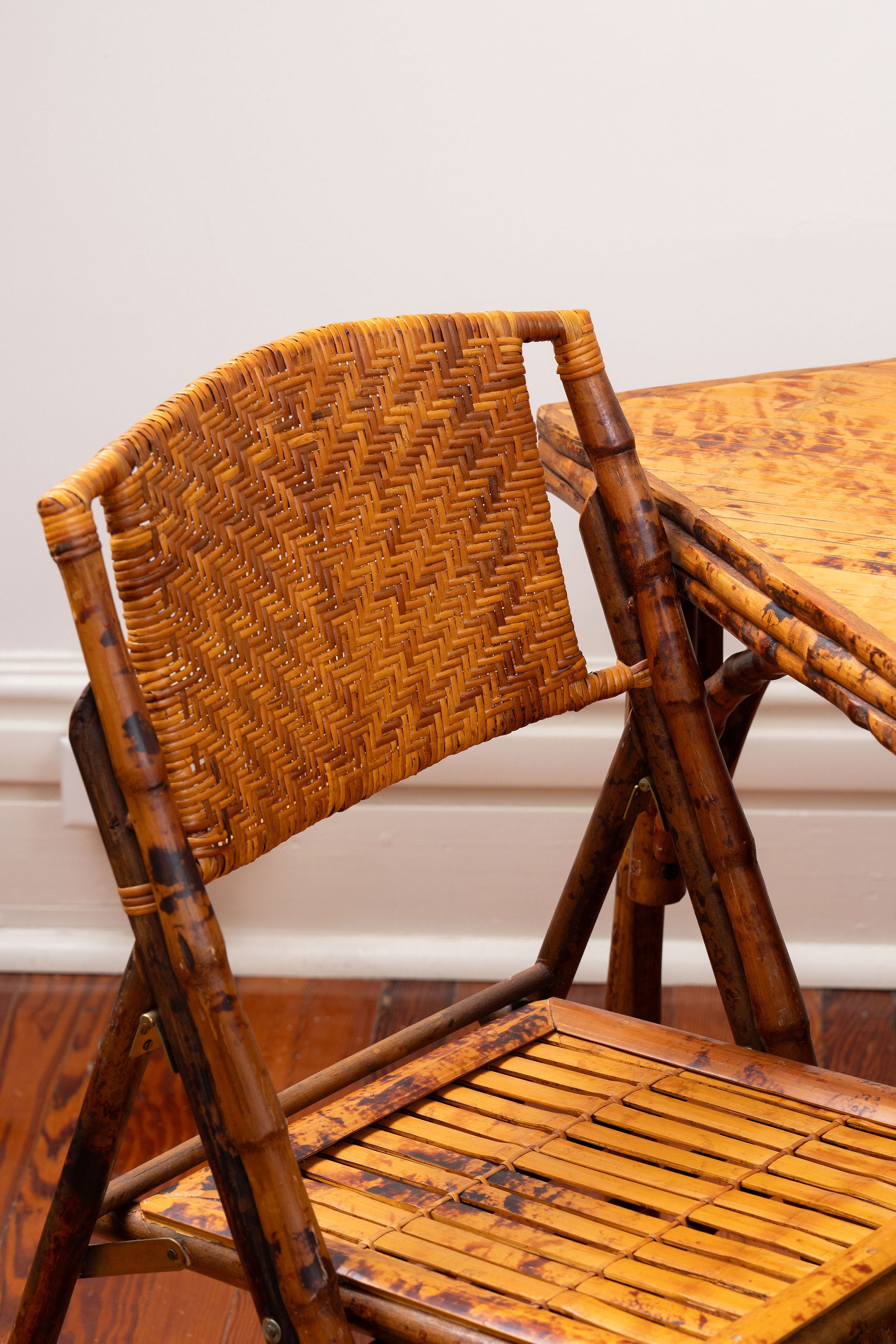 Vintage Burnt Bamboo Card Table with 4 Folding Chairs