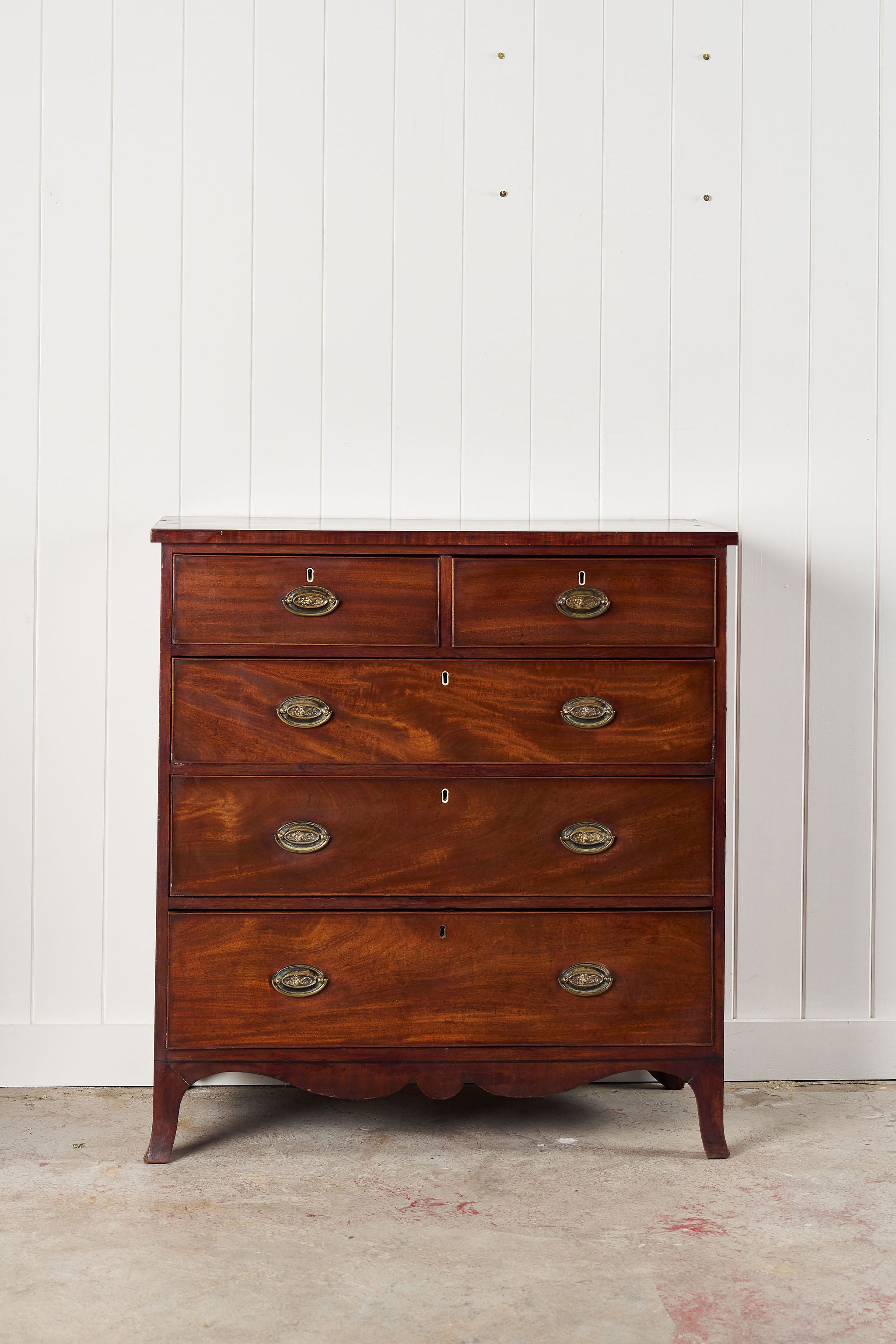 19th Century 2 Over 3 Mahogany Chest With Scalloped Apron and Bone Key Holes