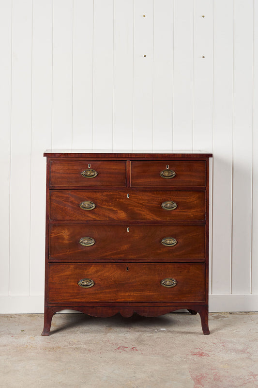 19th Century 2 Over 3 Mahogany Chest With Scalloped Apron and Bone Key Holes