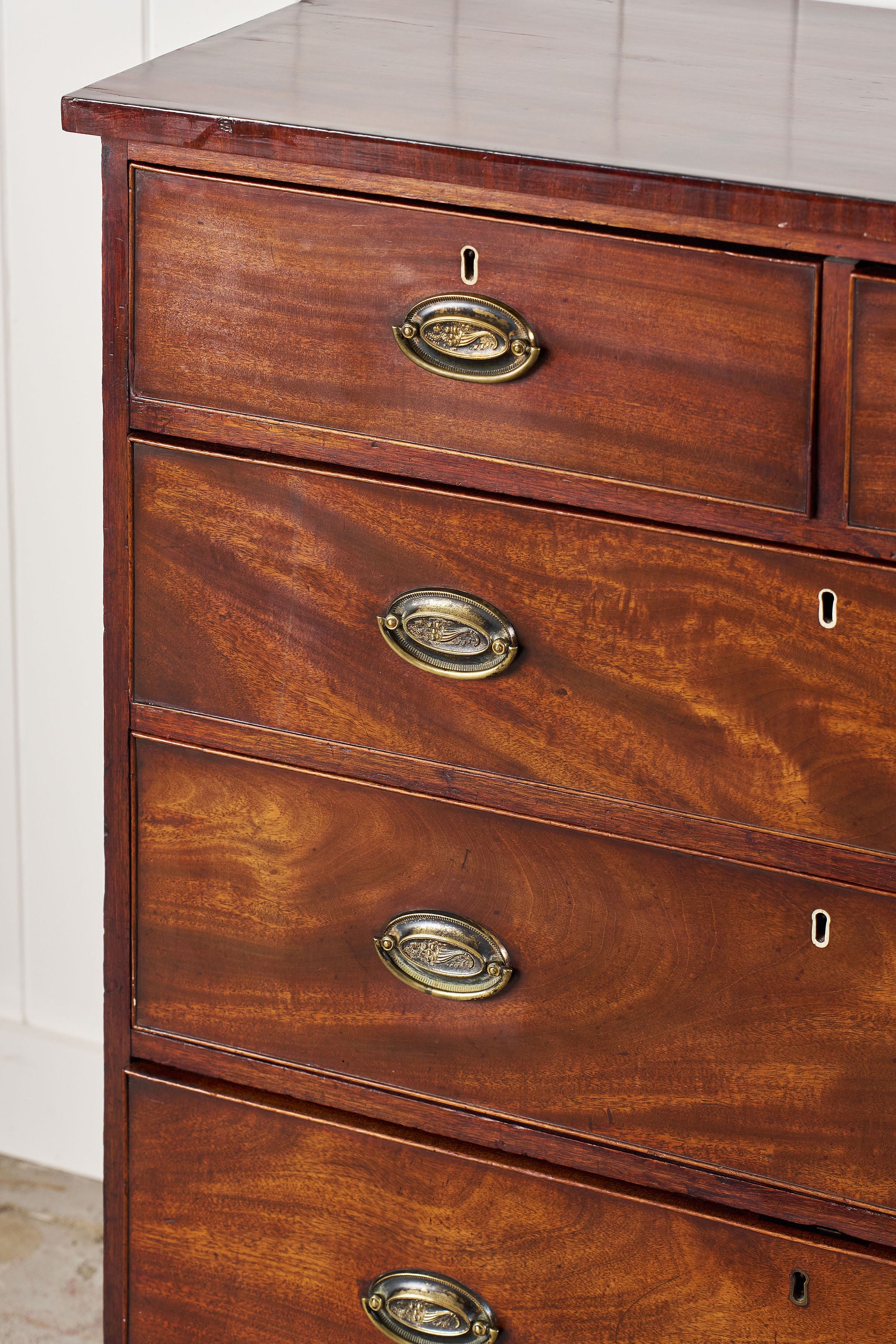 19th Century 2 Over 3 Mahogany Chest With Scalloped Apron and Bone Key Holes