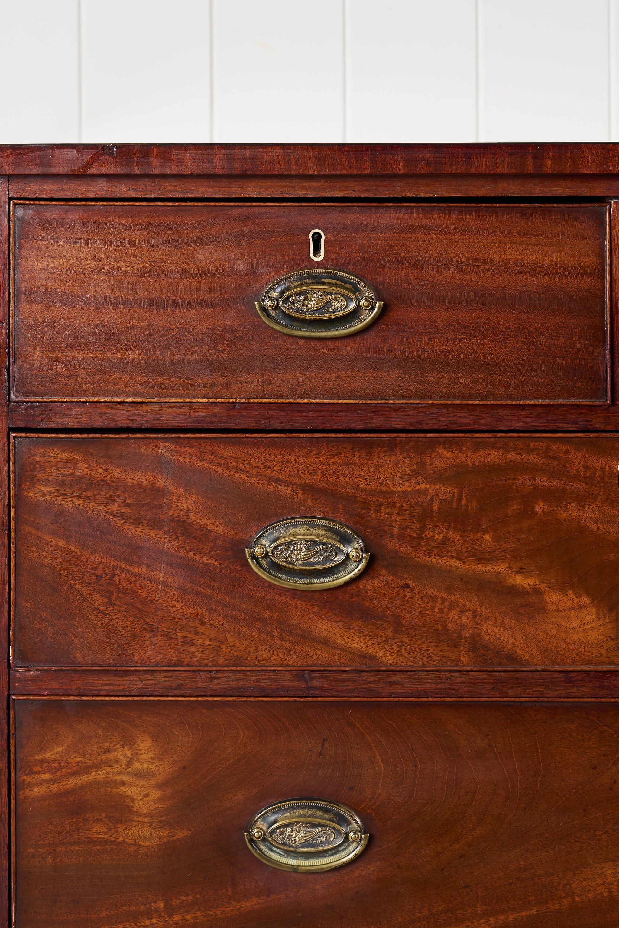 19th Century 2 Over 3 Mahogany Chest With Scalloped Apron and Bone Key Holes