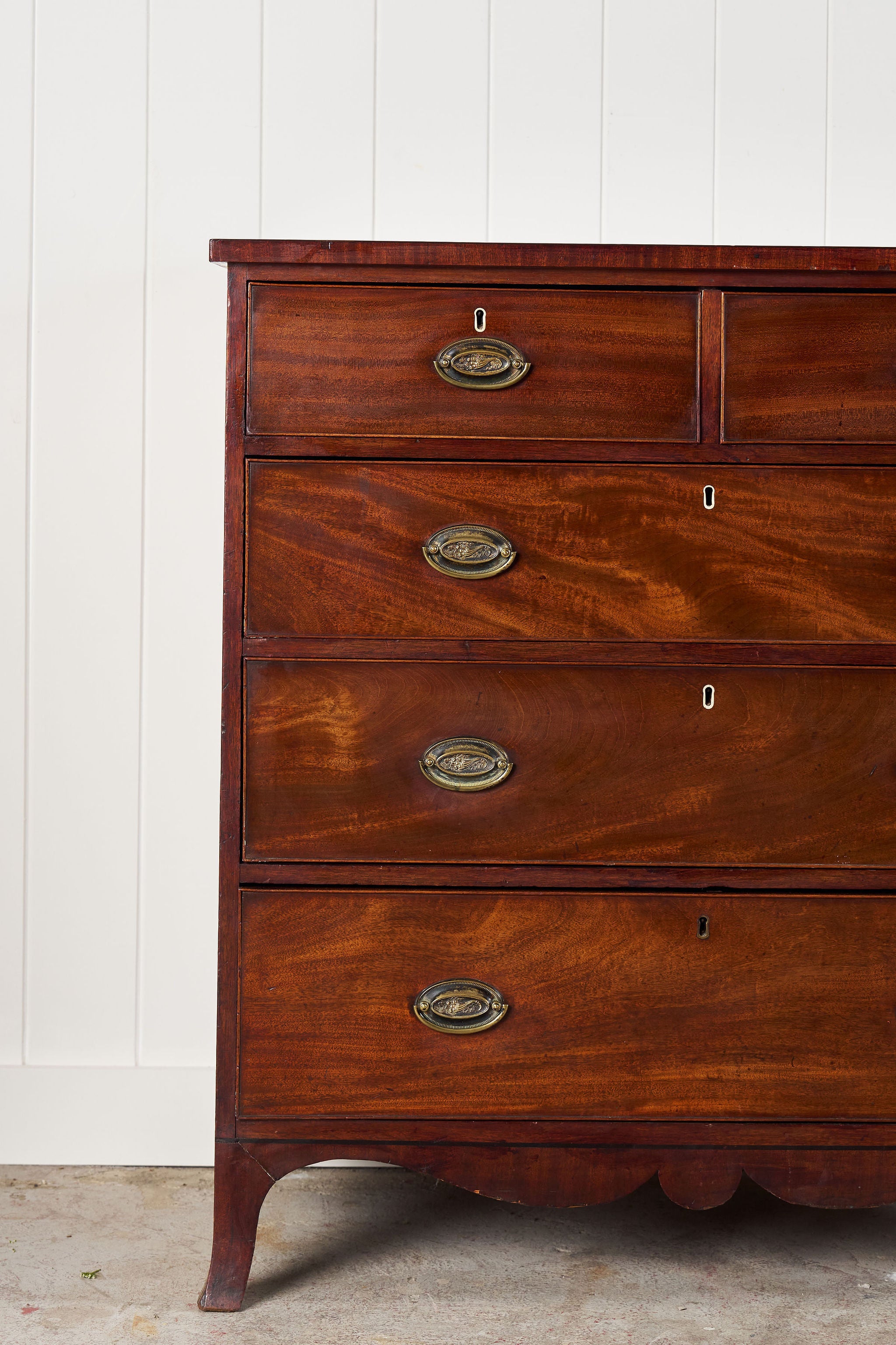19th Century 2 Over 3 Mahogany Chest With Scalloped Apron and Bone Key Holes