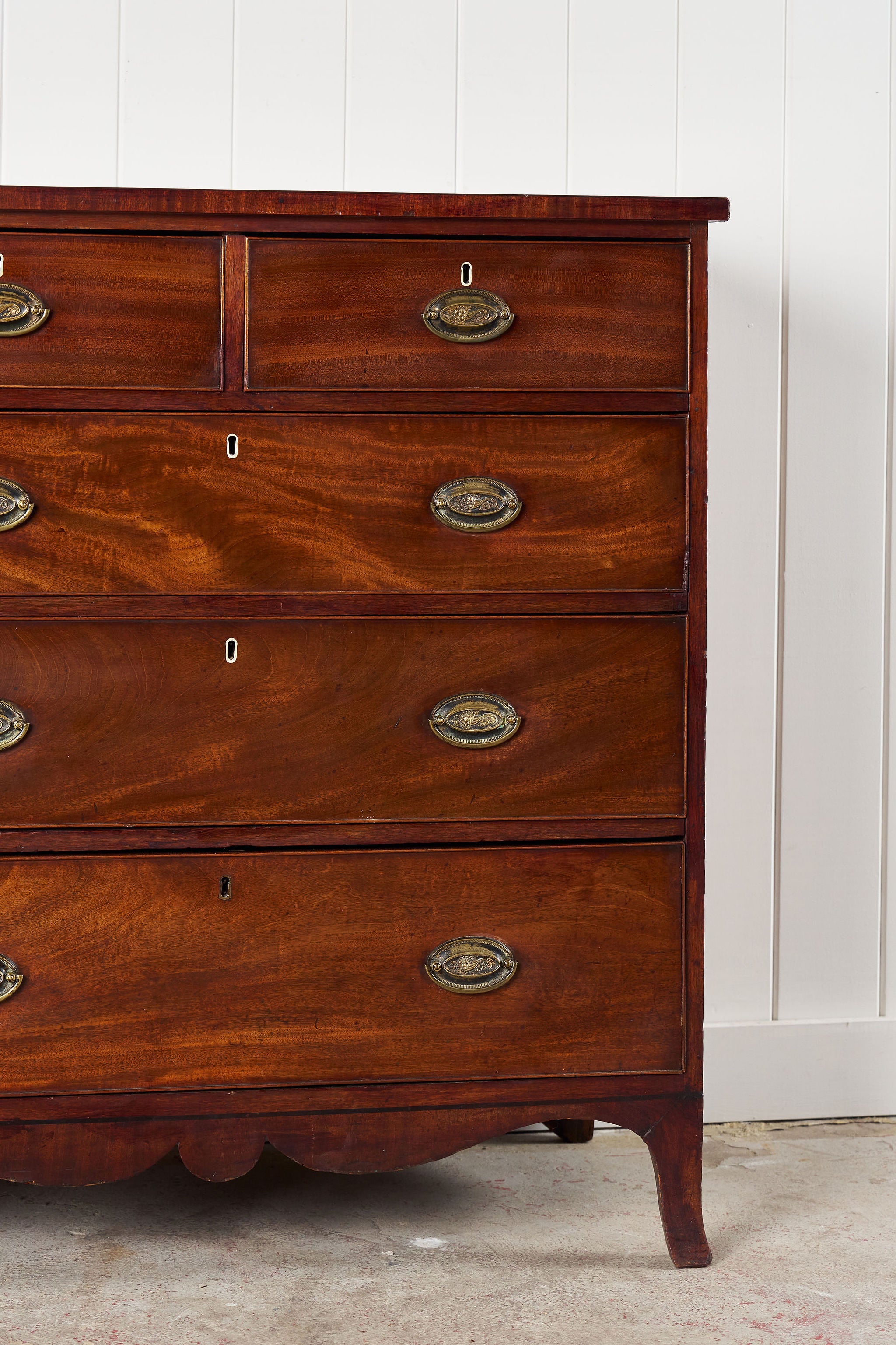19th Century 2 Over 3 Mahogany Chest With Scalloped Apron and Bone Key Holes