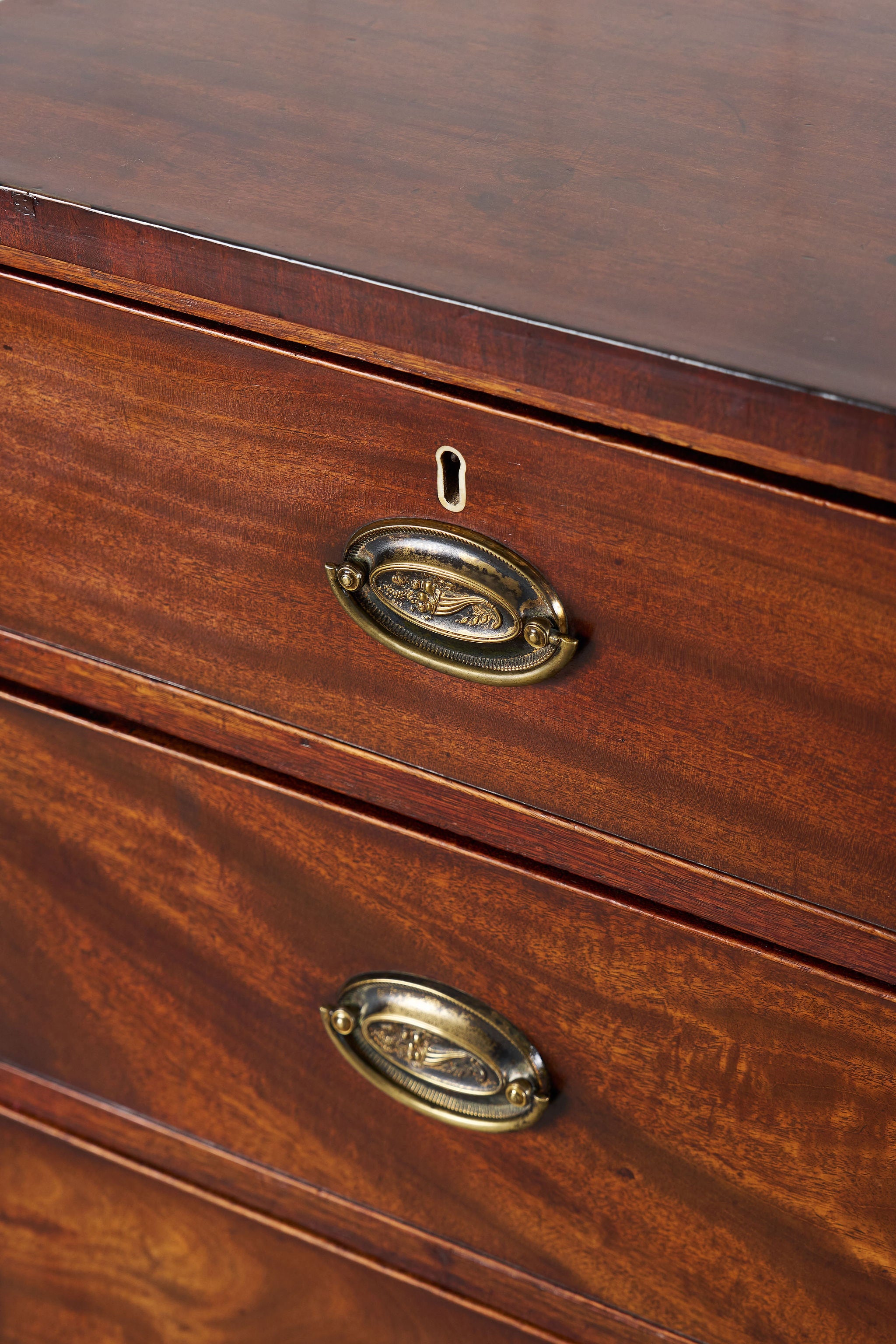 19th Century 2 Over 3 Mahogany Chest With Scalloped Apron and Bone Key Holes