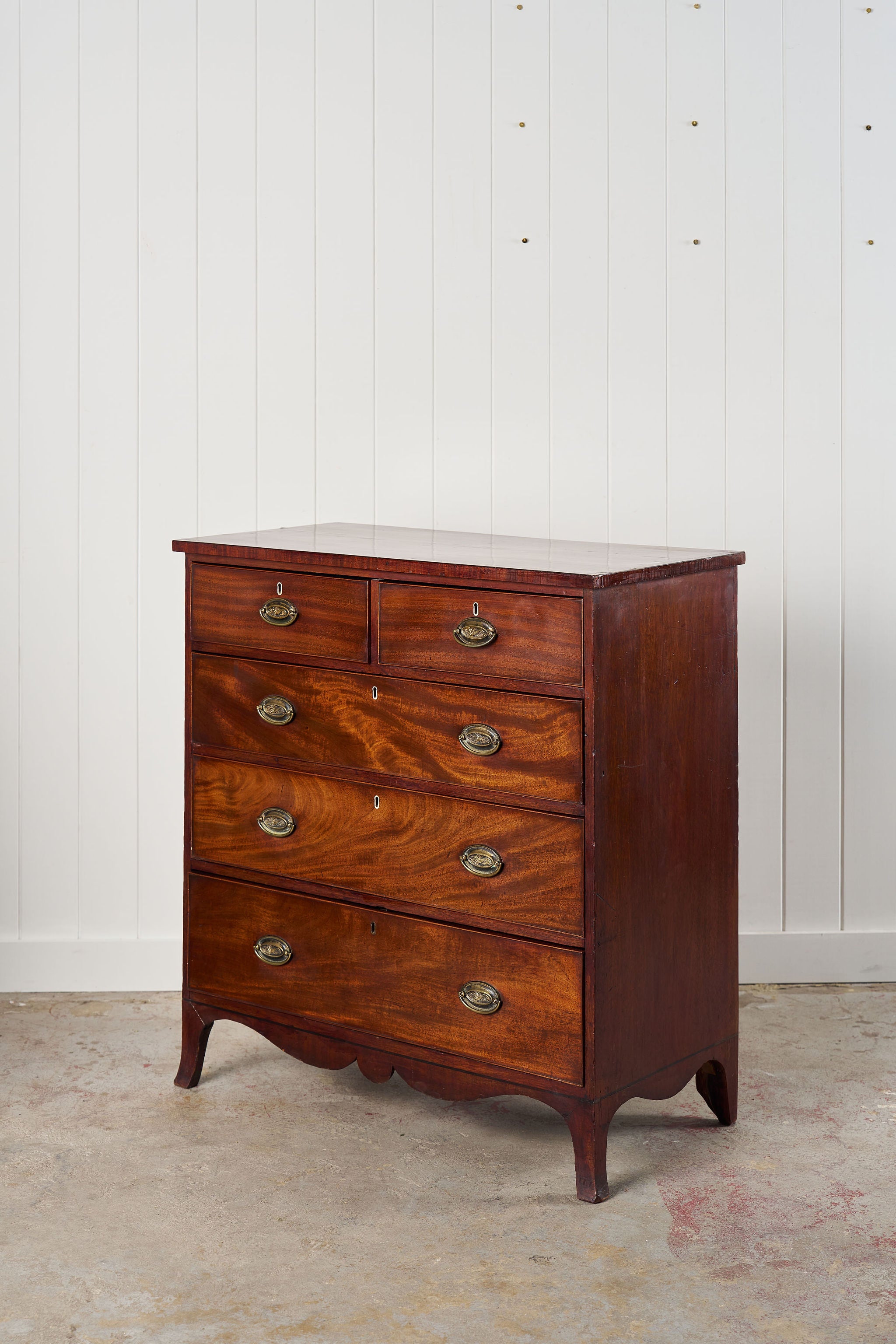 19th Century 2 Over 3 Mahogany Chest With Scalloped Apron and Bone Key Holes