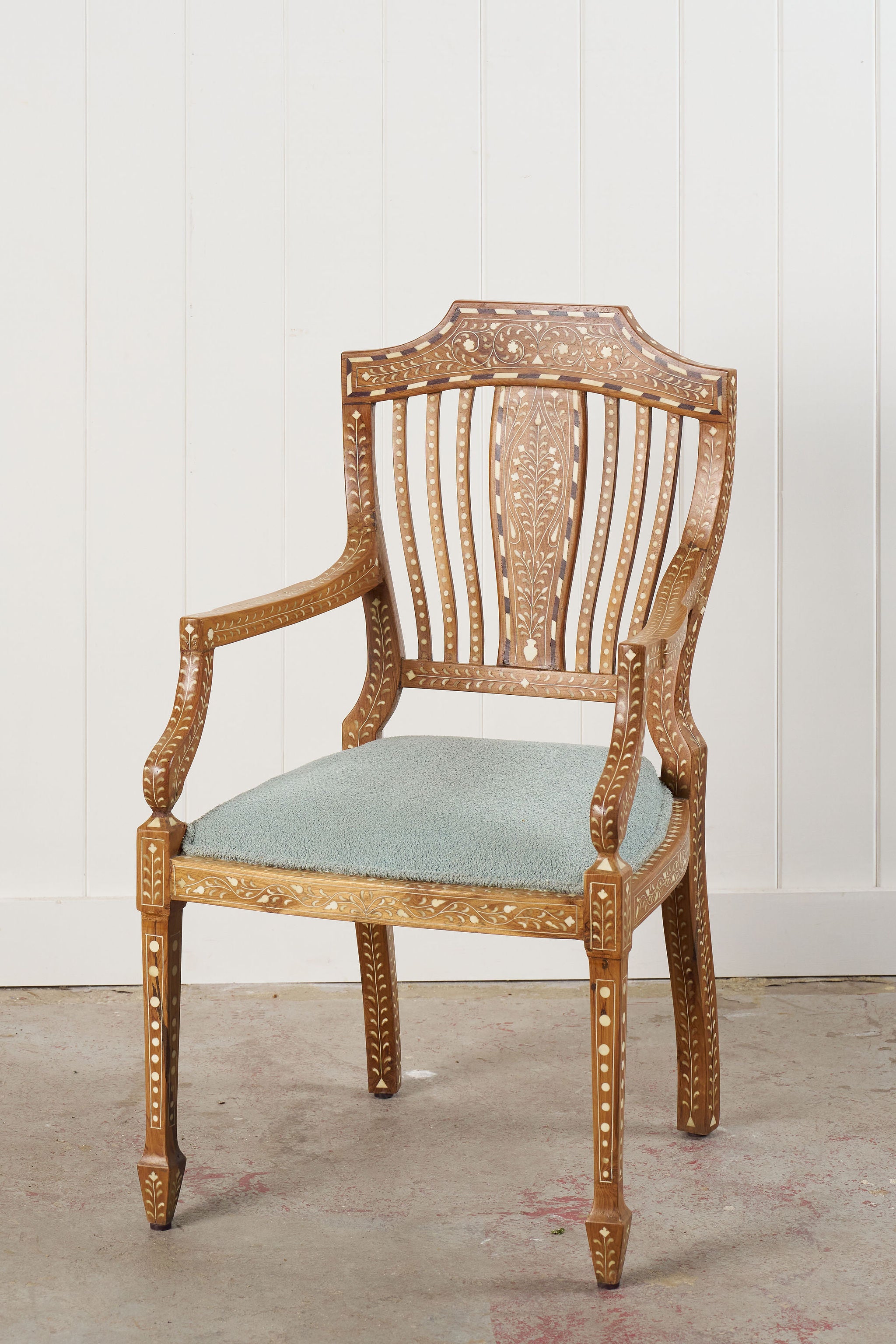 Anglo-Indian Teak Bone Inlay Chippendale Armchair