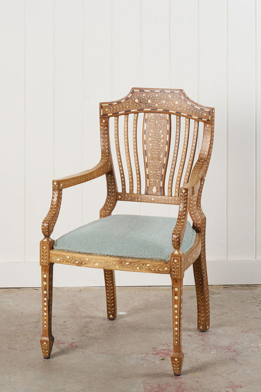 Anglo-Indian Teak Bone Inlay Chippendale Armchair