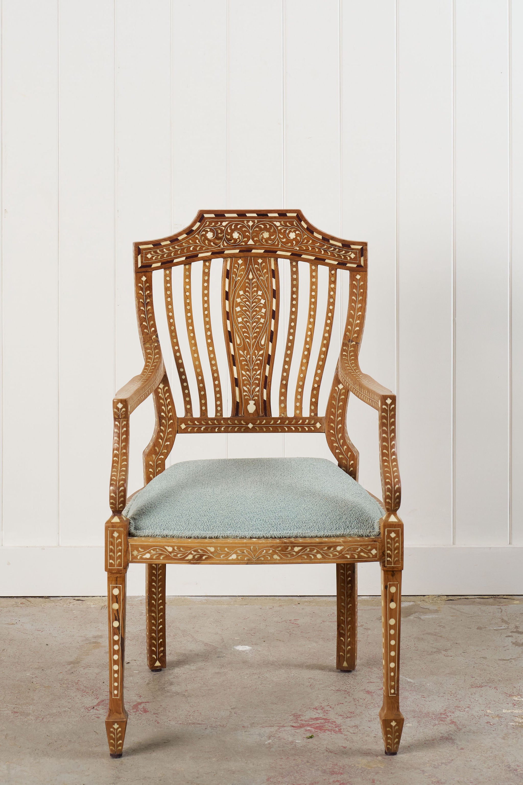 Anglo-Indian Teak Bone Inlay Chippendale Armchair
