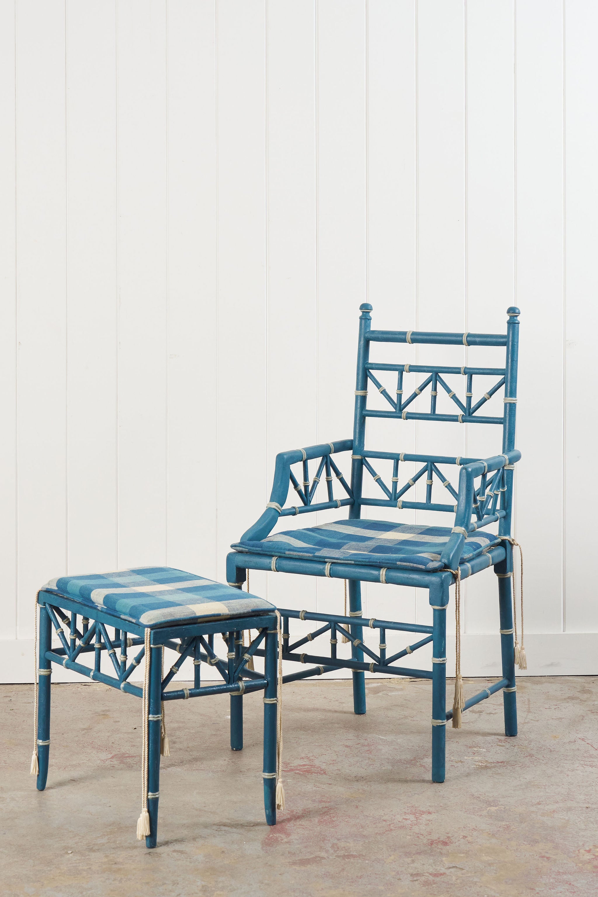 Vintage Painted Blue + White Bamboo Chair with Matching Foot Stool