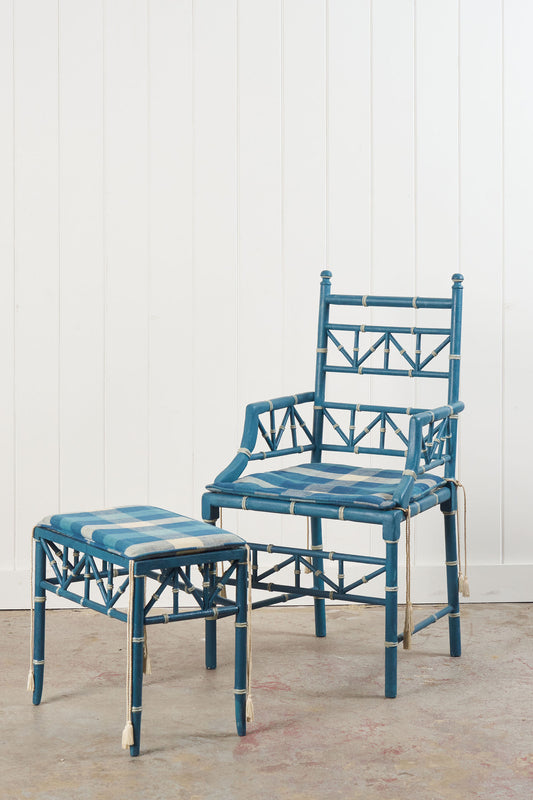Vintage Painted Blue + White Bamboo Chair with Matching Foot Stool
