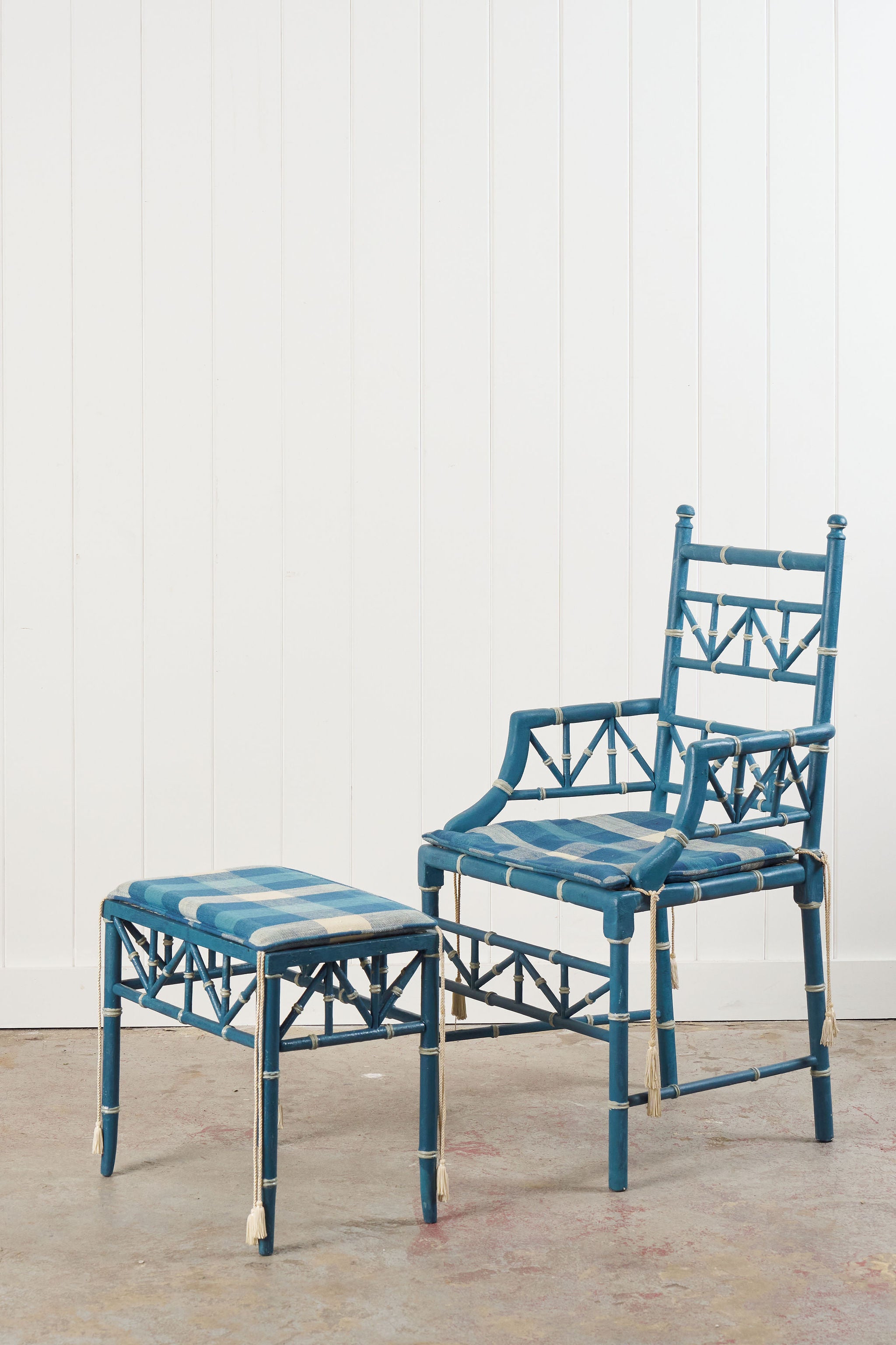 Vintage Painted Blue + White Bamboo Chair with Matching Foot Stool