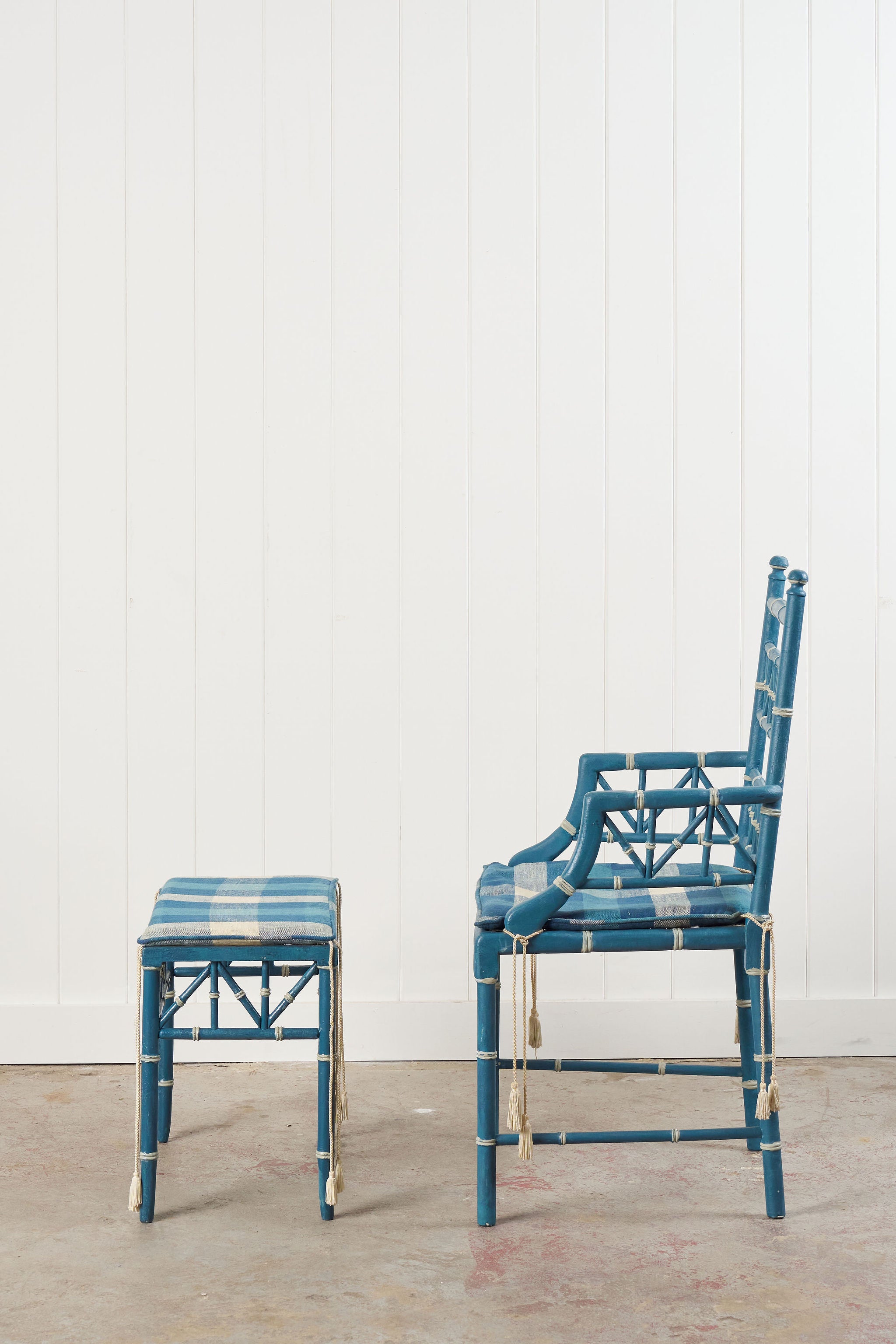 Vintage Painted Blue + White Bamboo Chair with Matching Foot Stool