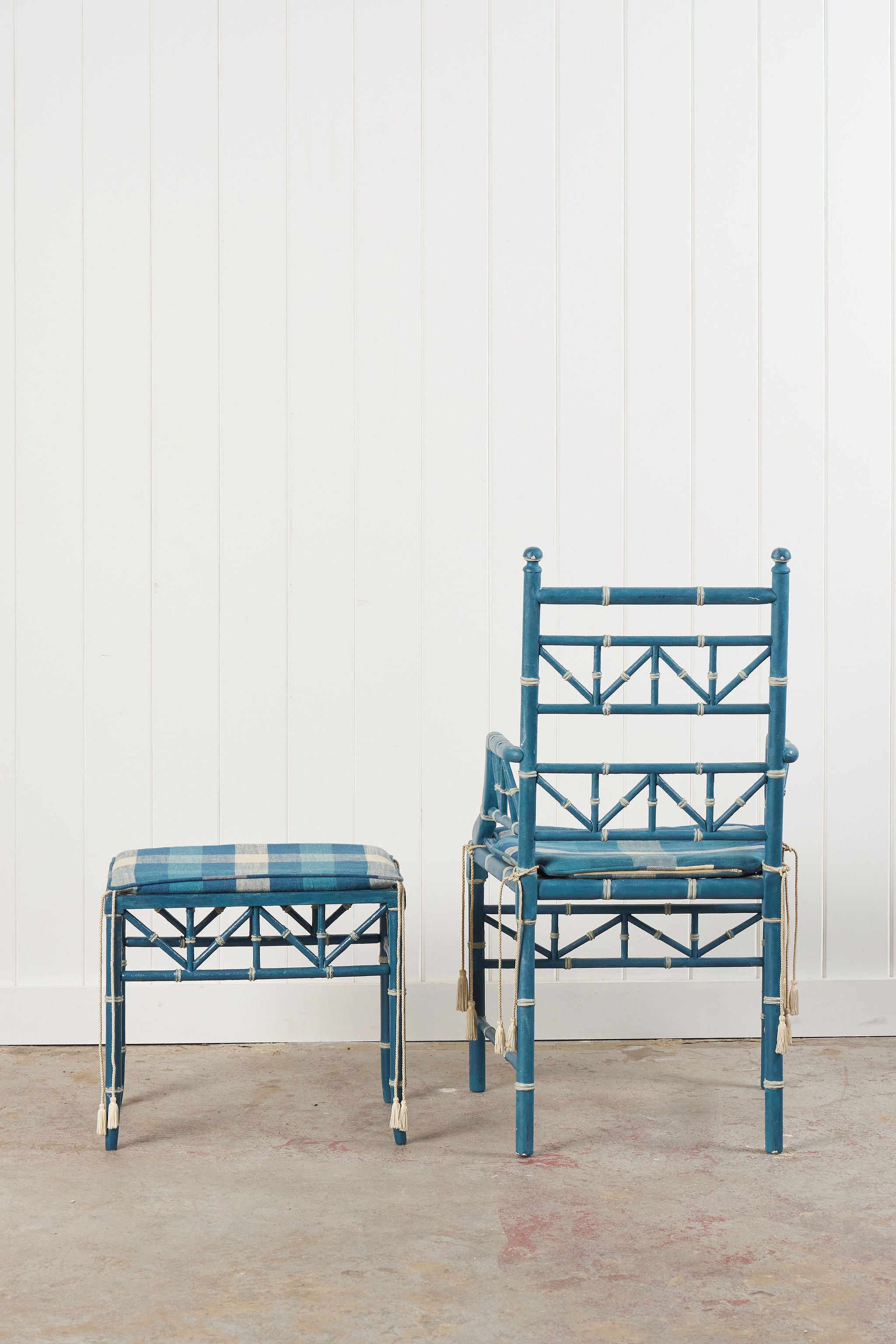 Vintage Painted Blue + White Bamboo Chair with Matching Foot Stool