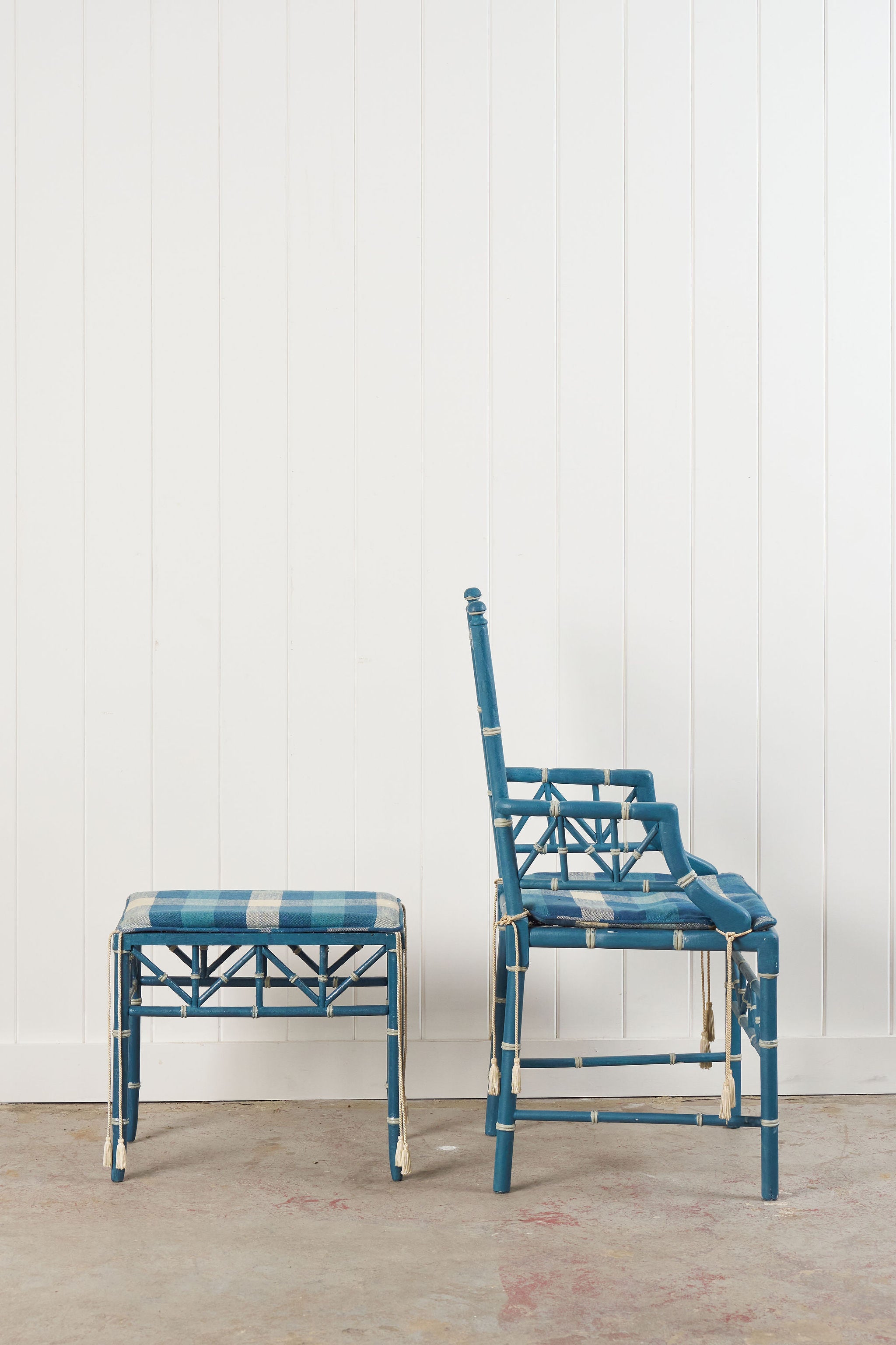 Vintage Painted Blue + White Bamboo Chair with Matching Foot Stool