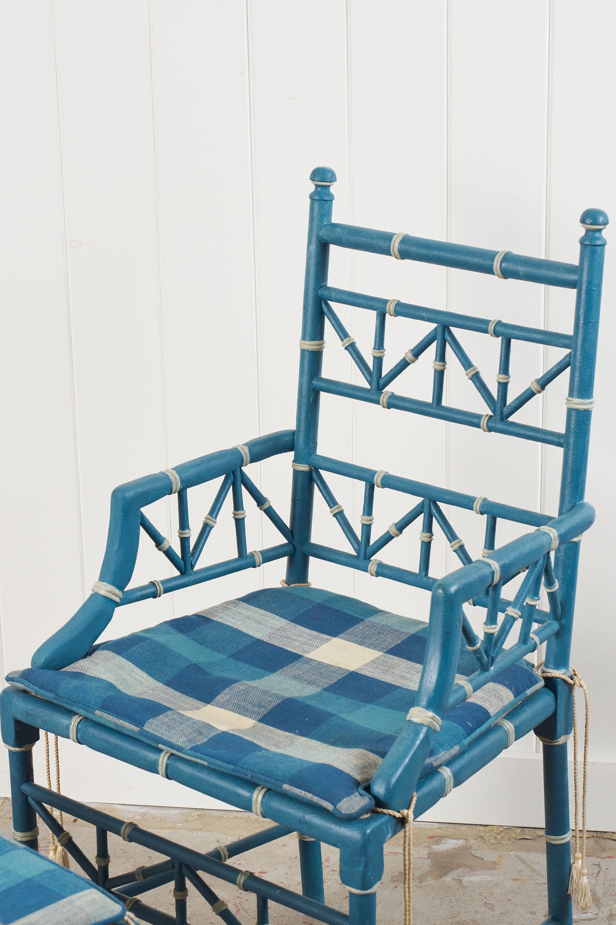 Vintage Painted Blue + White Bamboo Chair with Matching Foot Stool
