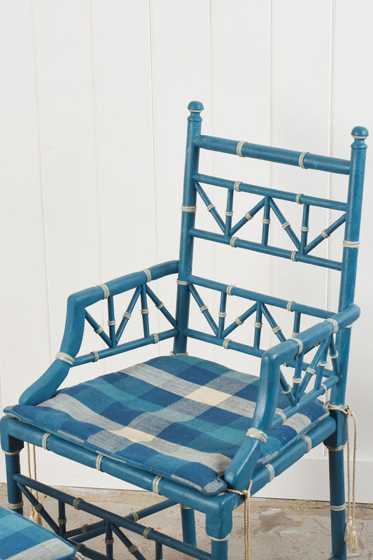 Vintage Painted Blue + White Bamboo Chair with Matching Foot Stool