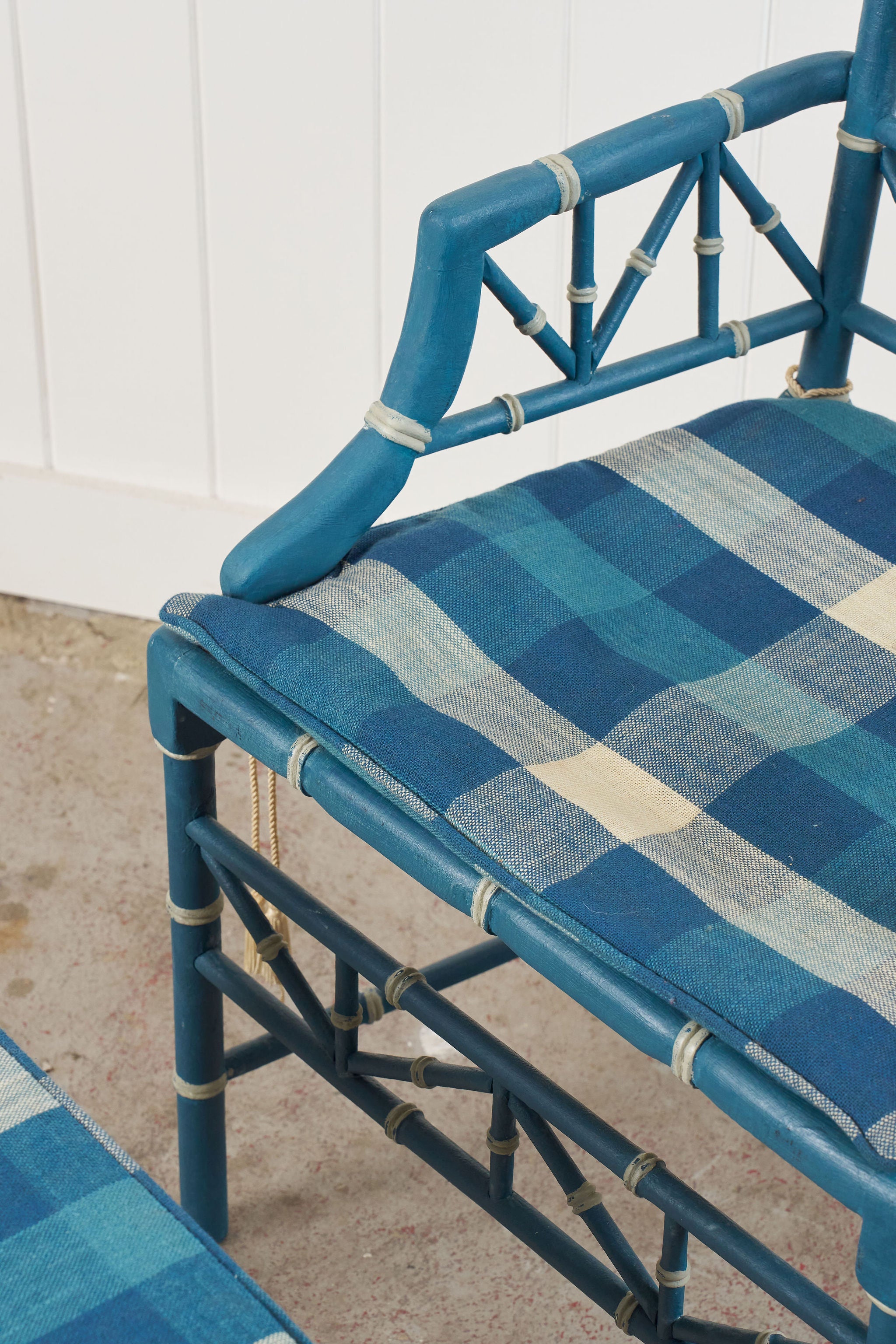 Vintage Painted Blue + White Bamboo Chair with Matching Foot Stool