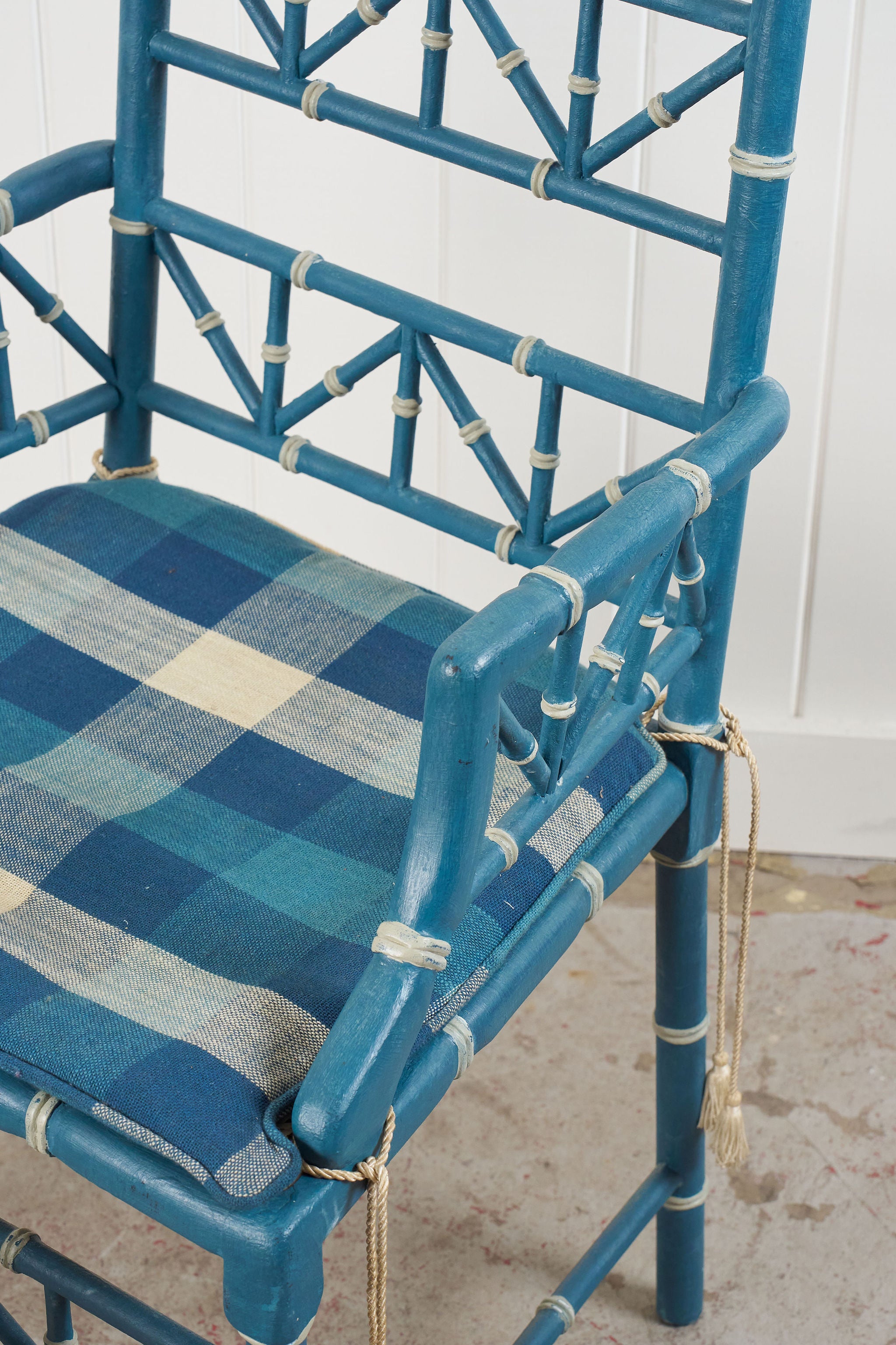 Vintage Painted Blue + White Bamboo Chair with Matching Foot Stool