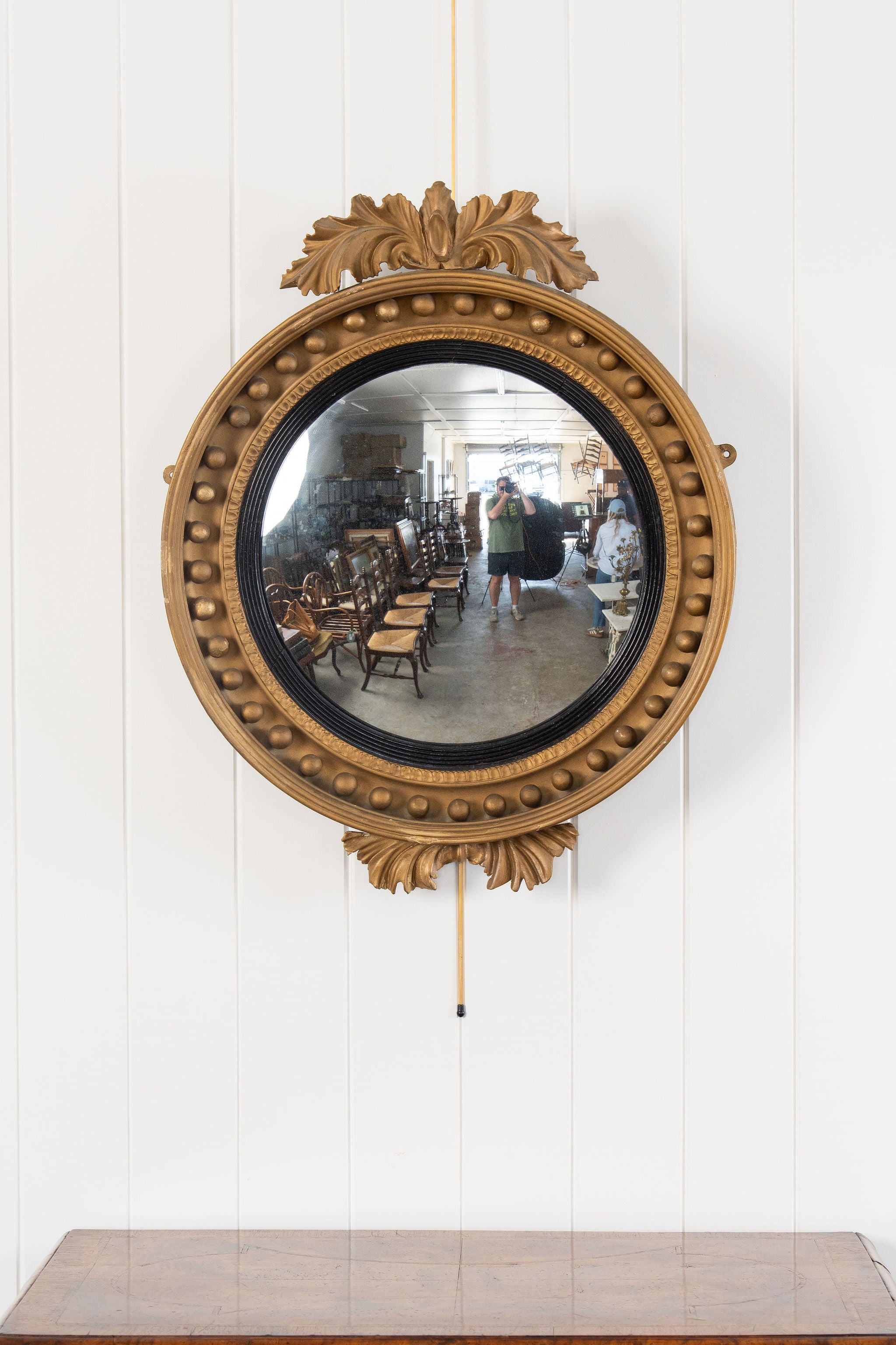 19th Century Large Gilt Gesso Convex Mirror with Leaf Accents