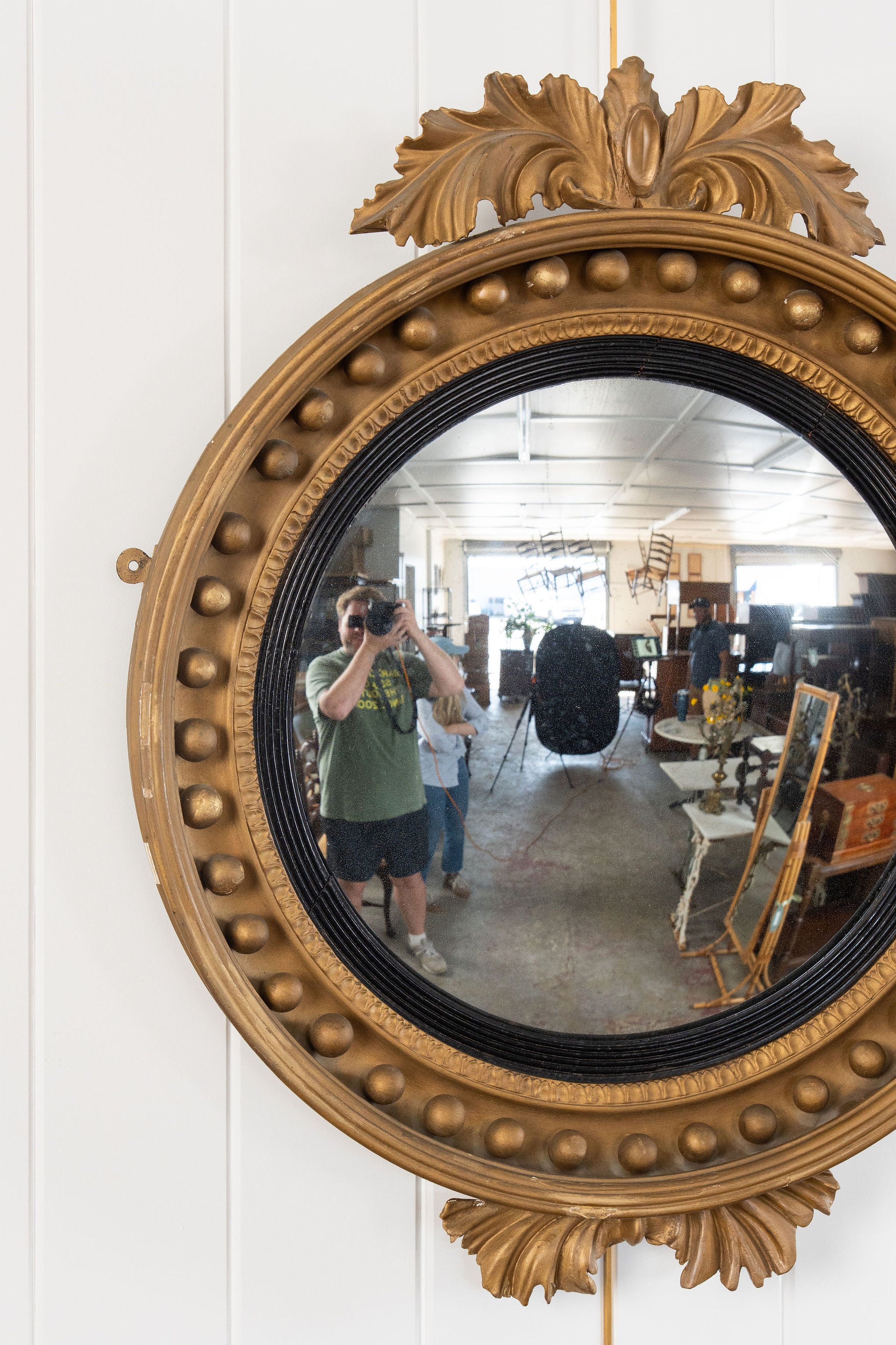 19th Century Large Gilt Gesso Convex Mirror with Leaf Accents