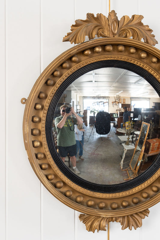 19th Century Large Gilt Gesso Convex Mirror with Leaf Accents