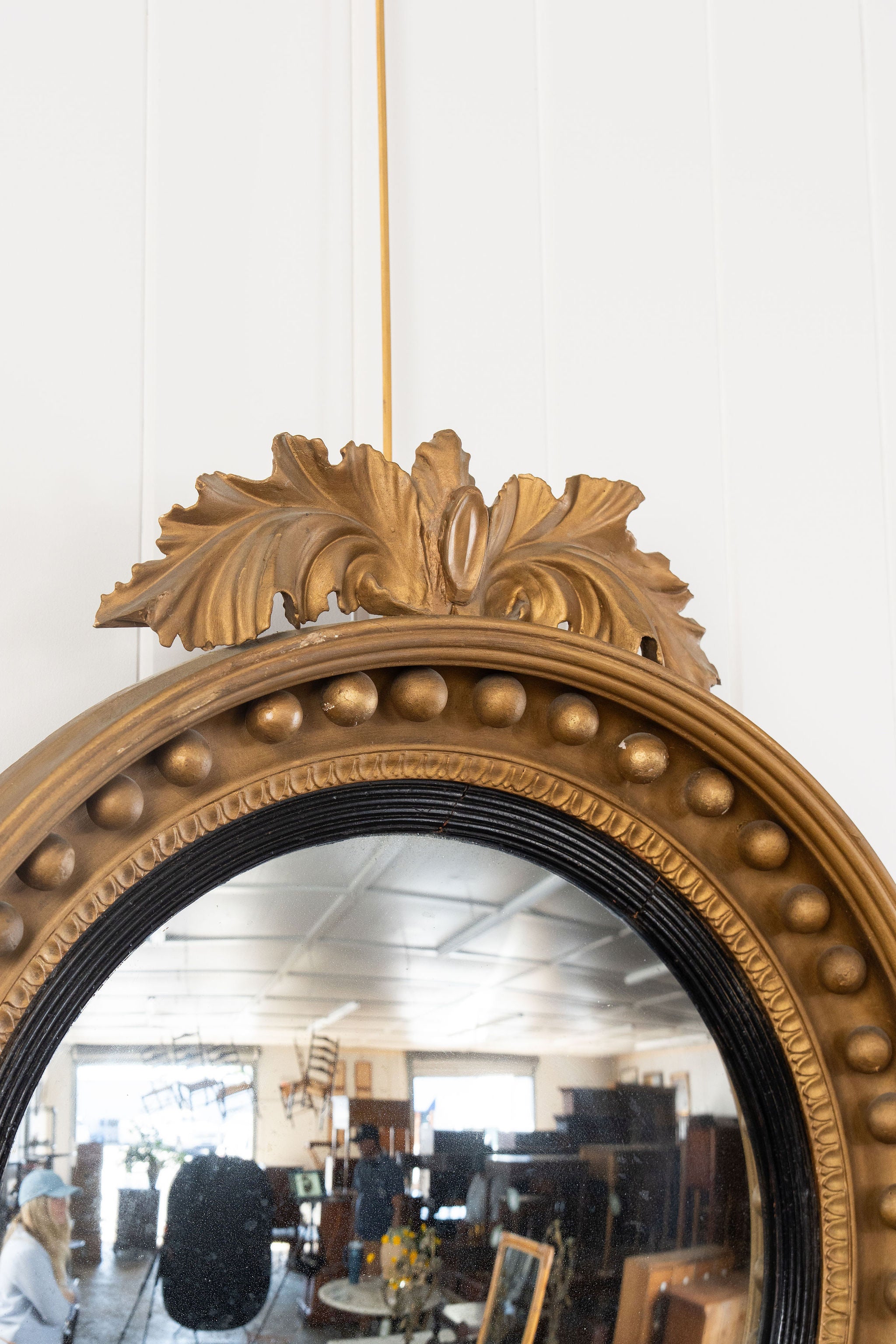 19th Century Large Gilt Gesso Convex Mirror with Leaf Accents