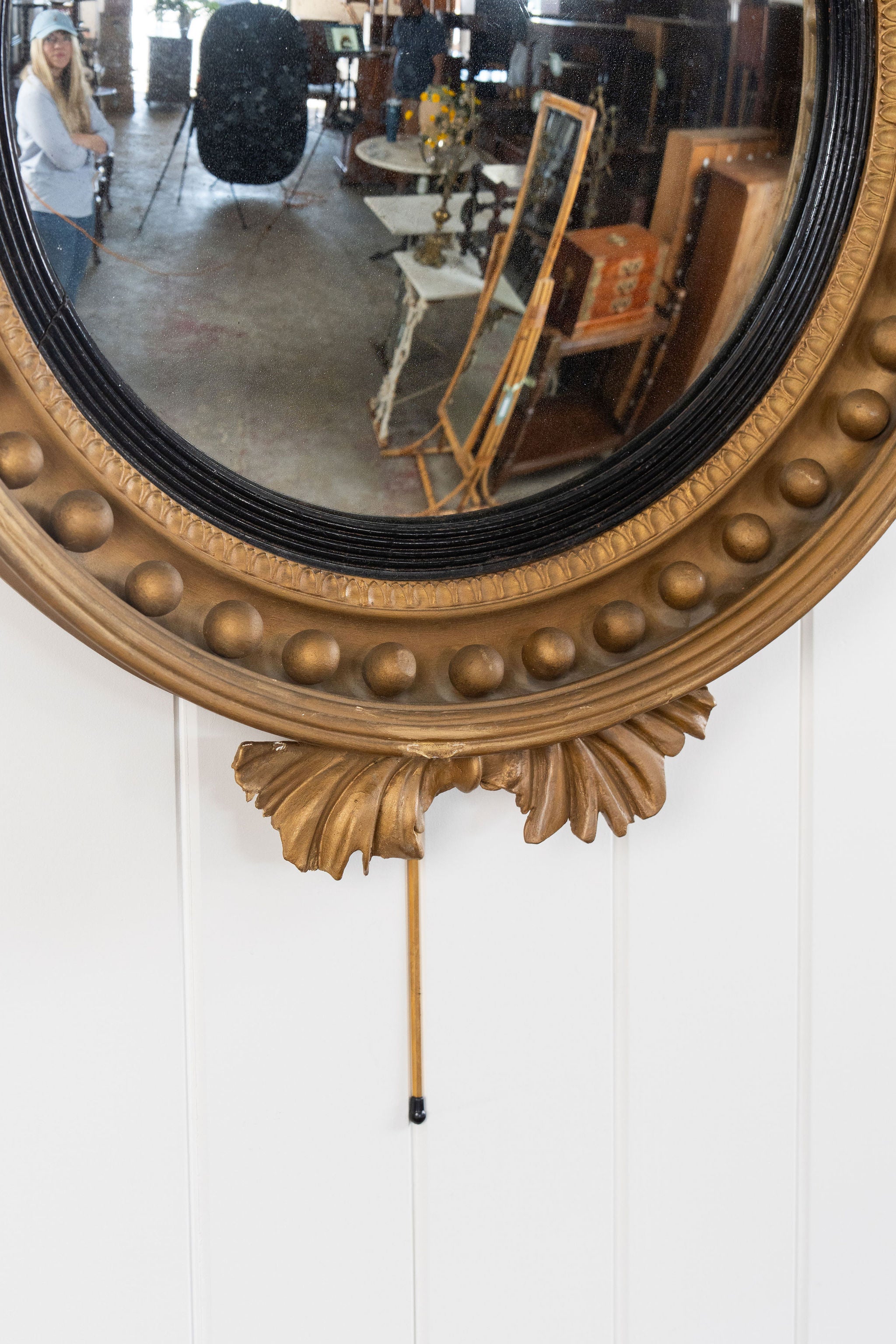 19th Century Large Gilt Gesso Convex Mirror with Leaf Accents