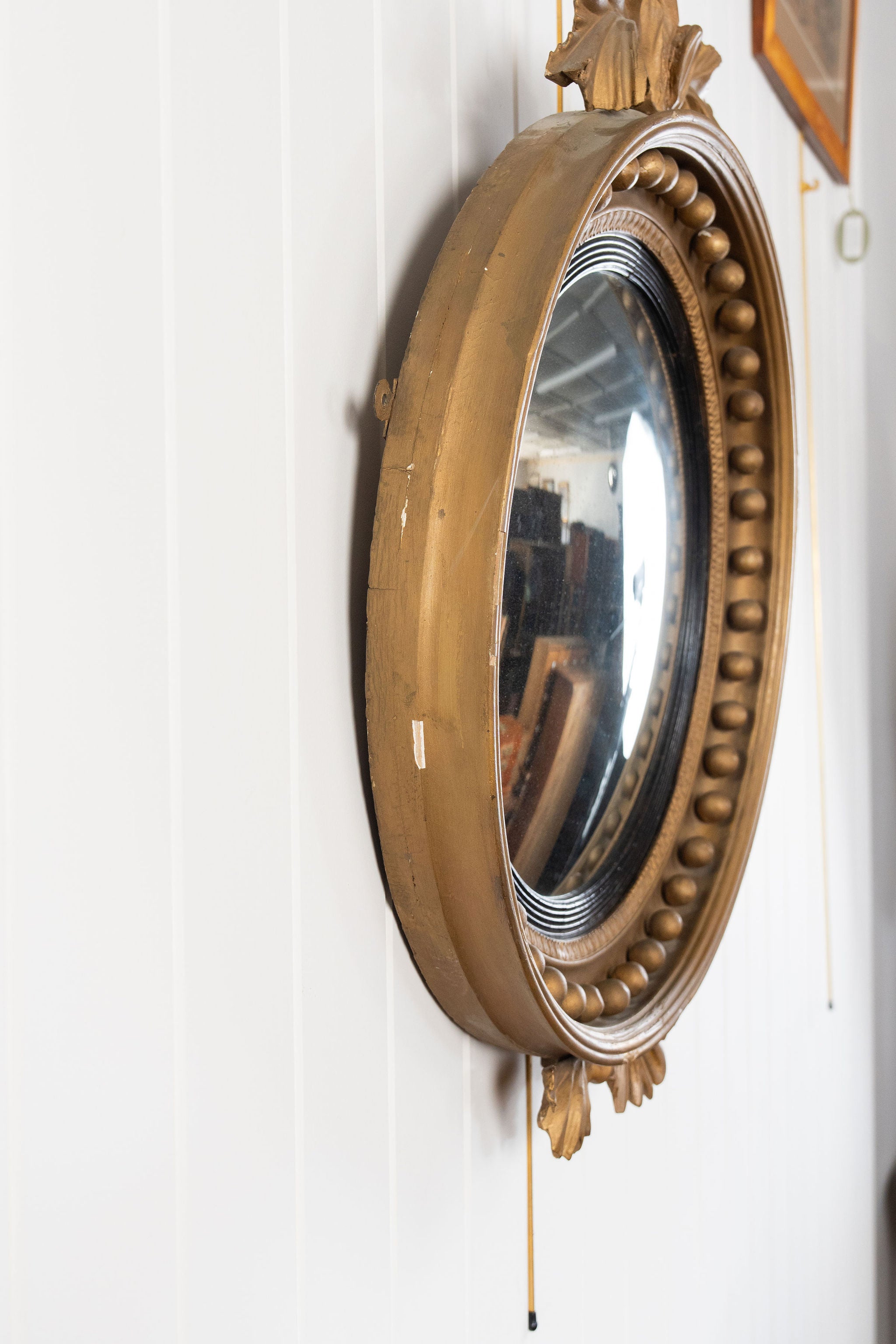 19th Century Large Gilt Gesso Convex Mirror with Leaf Accents