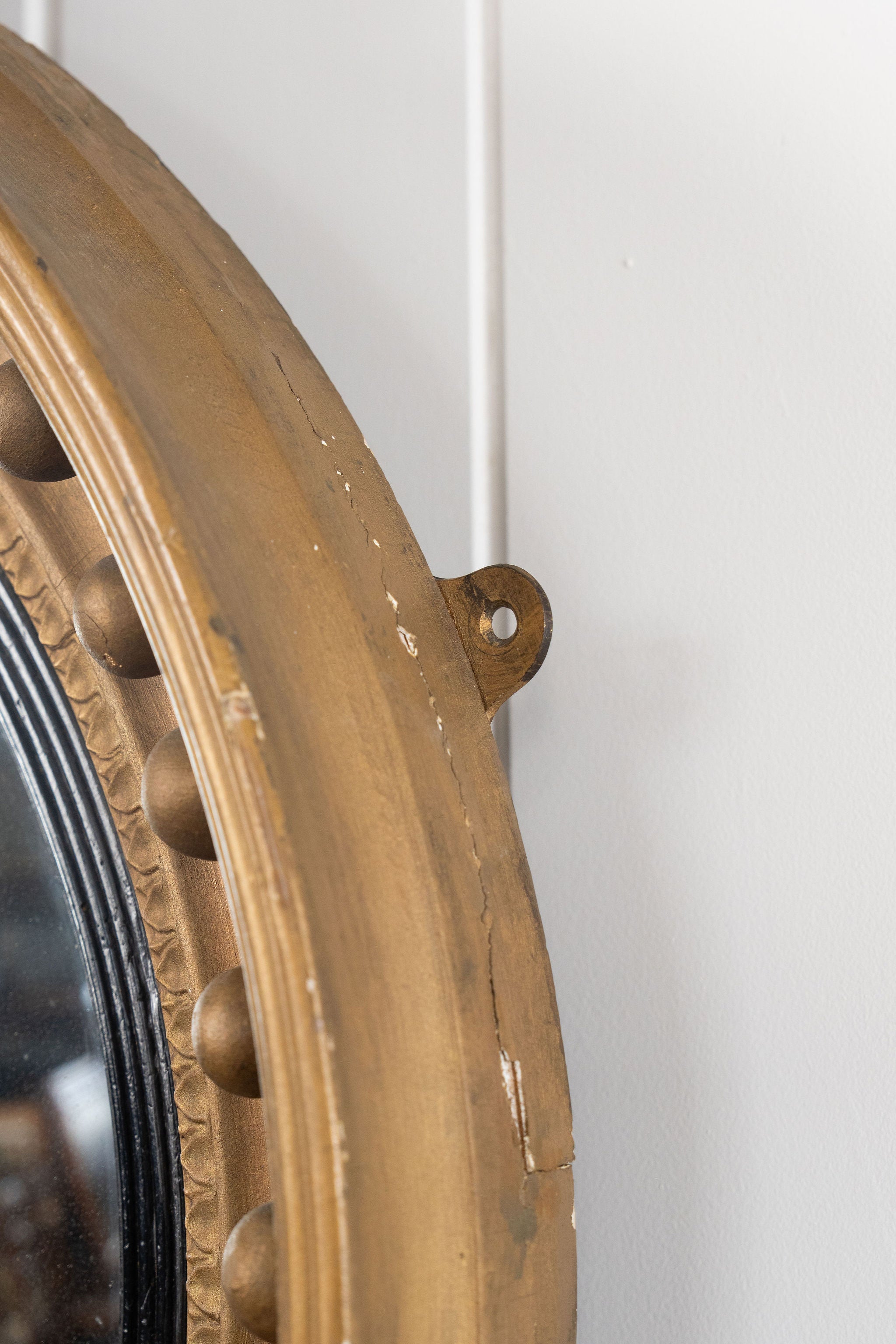 19th Century Large Gilt Gesso Convex Mirror with Leaf Accents
