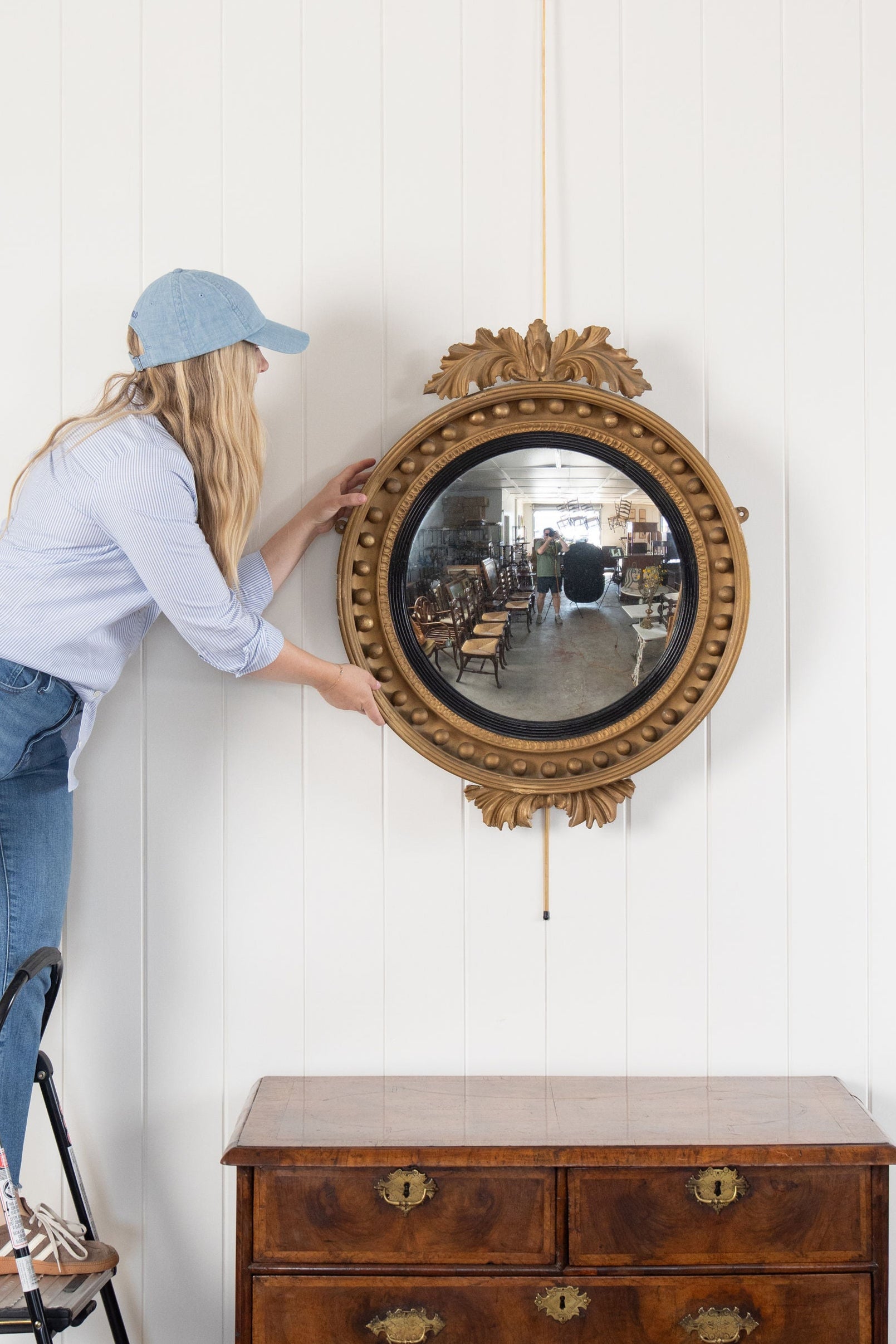 19th Century Large Gilt Gesso Convex Mirror with Leaf Accents