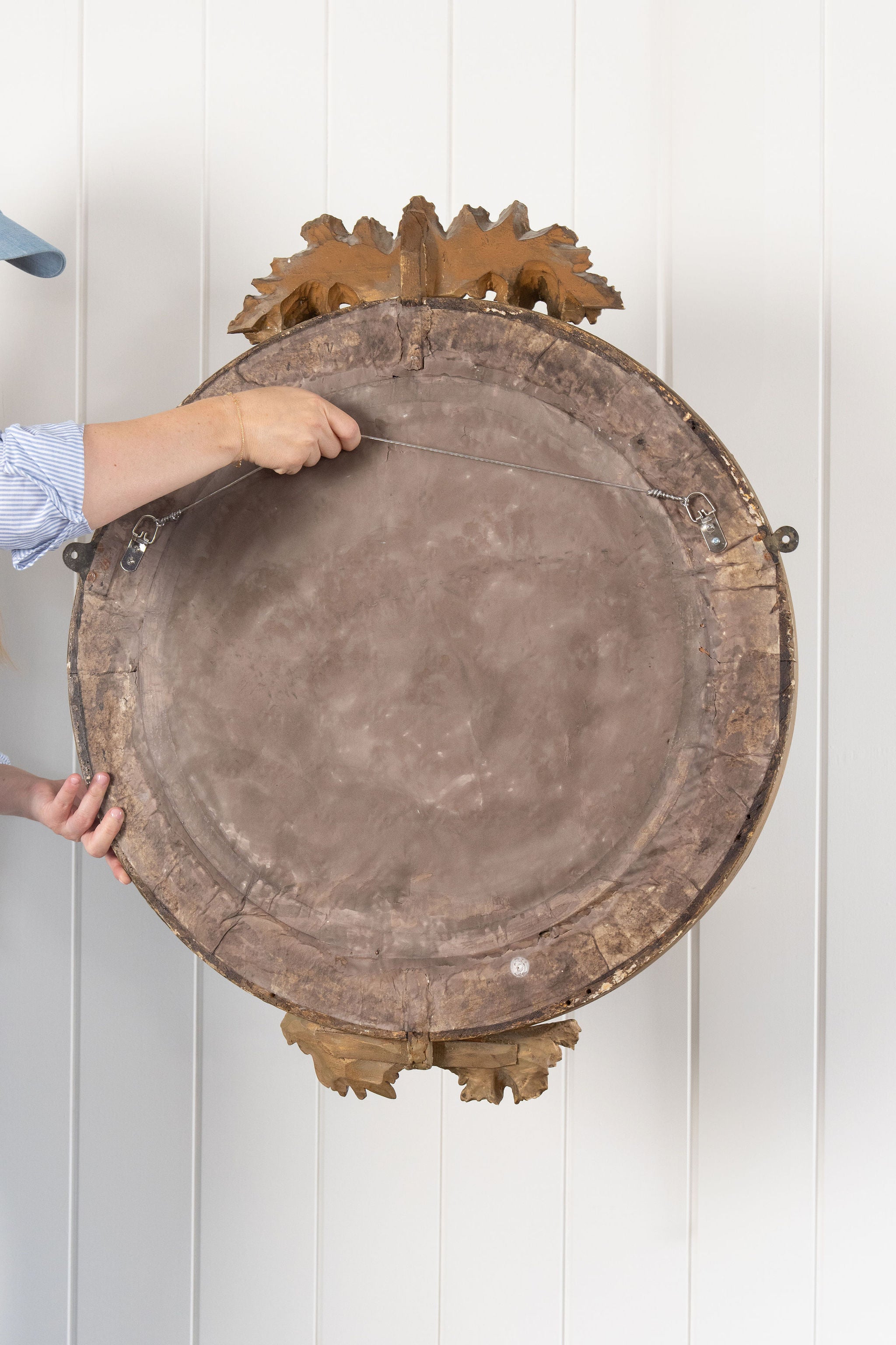 19th Century Large Gilt Gesso Convex Mirror with Leaf Accents