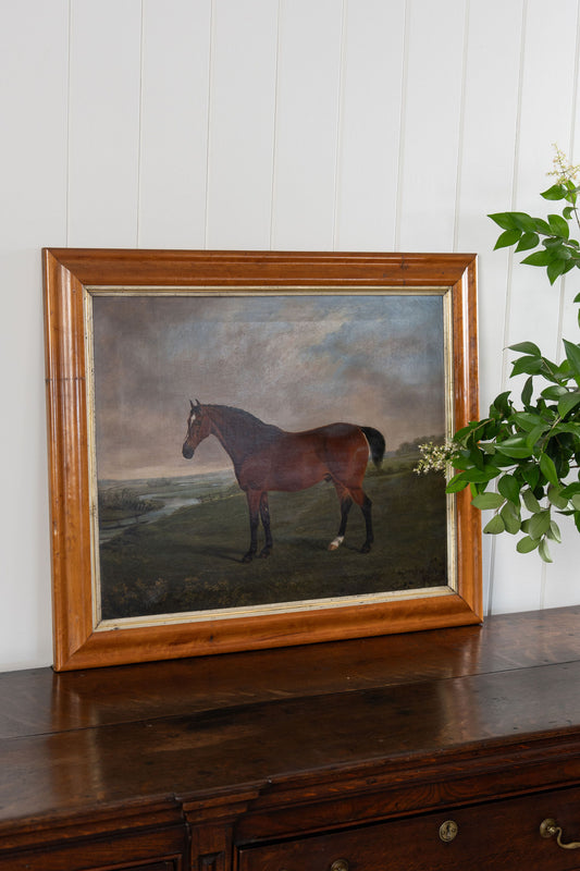 Oil on Canvas of Bay Hunter Horse within an English Landscape, by James Blazeby (Britain, signed + dated 1855)