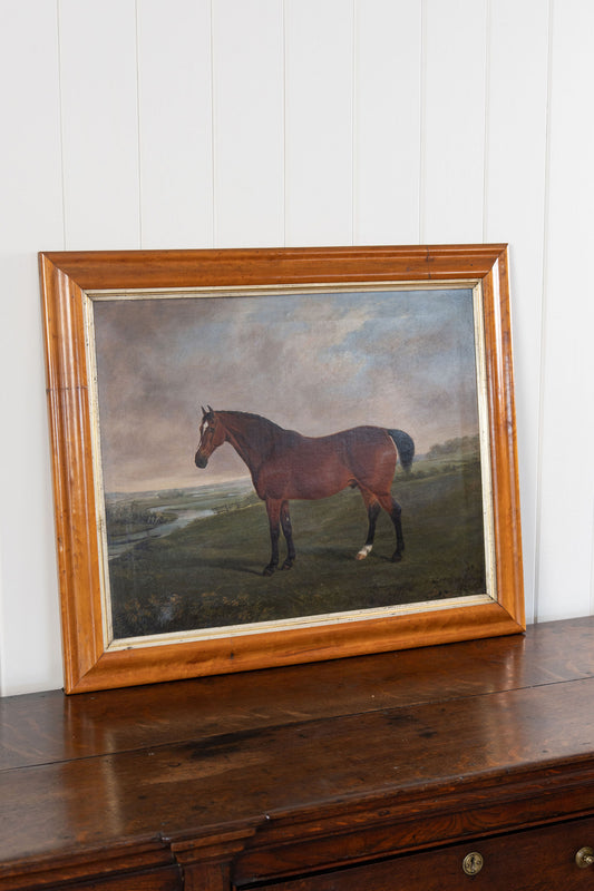 Oil on Canvas of Bay Hunter Horse within an English Landscape, by James Blazeby (Britain, signed + dated 1855)