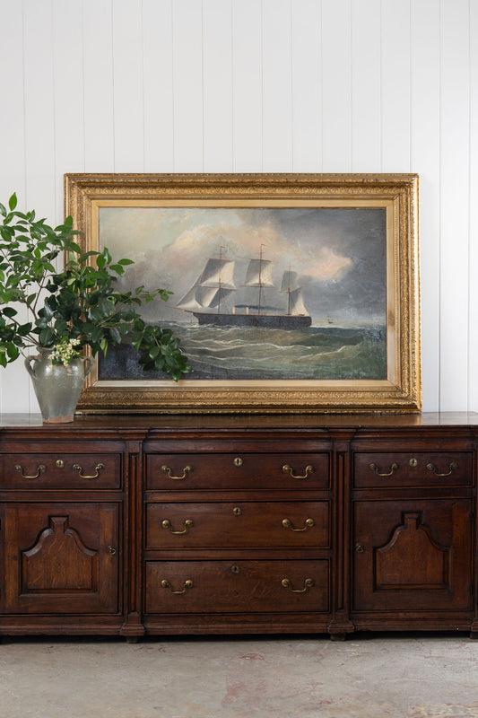 Large 19th Century Signed Original Oil of Early Steamship in Original Carved Frame