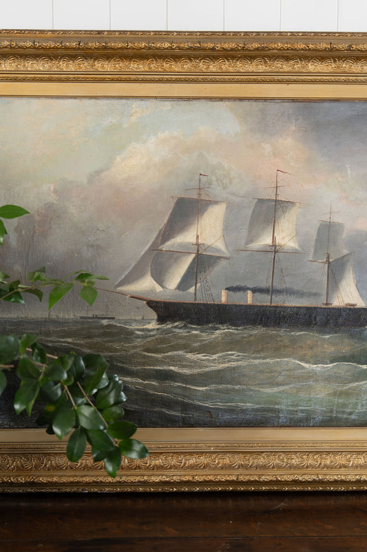 Large 19th Century Signed Original Oil of Early Steamship in Original Carved Frame