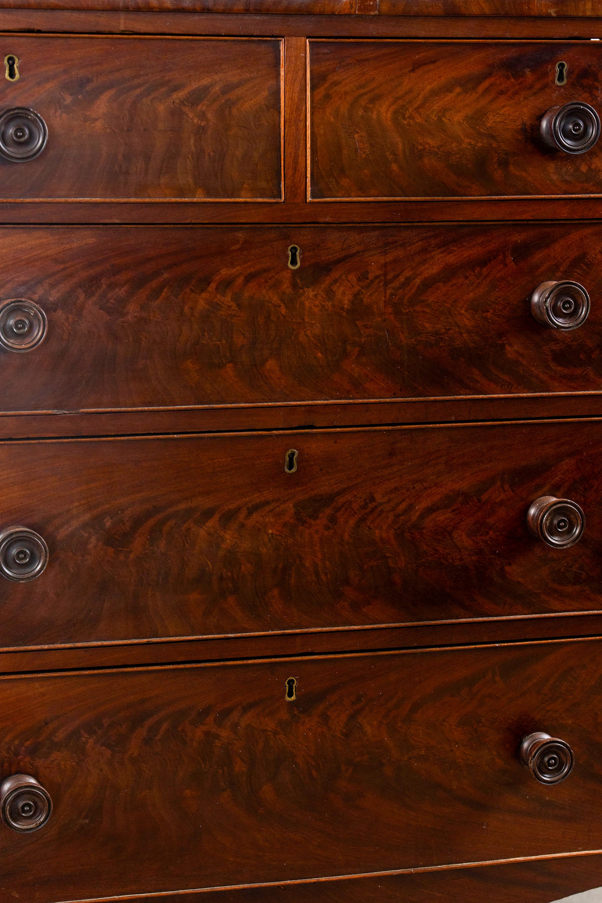 19th Century English Mahogany Chest with Banded Top + Wooden Knobs