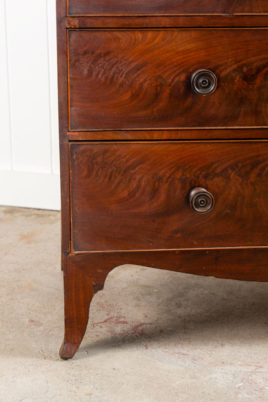 19th Century English Mahogany Chest with Banded Top + Wooden Knobs