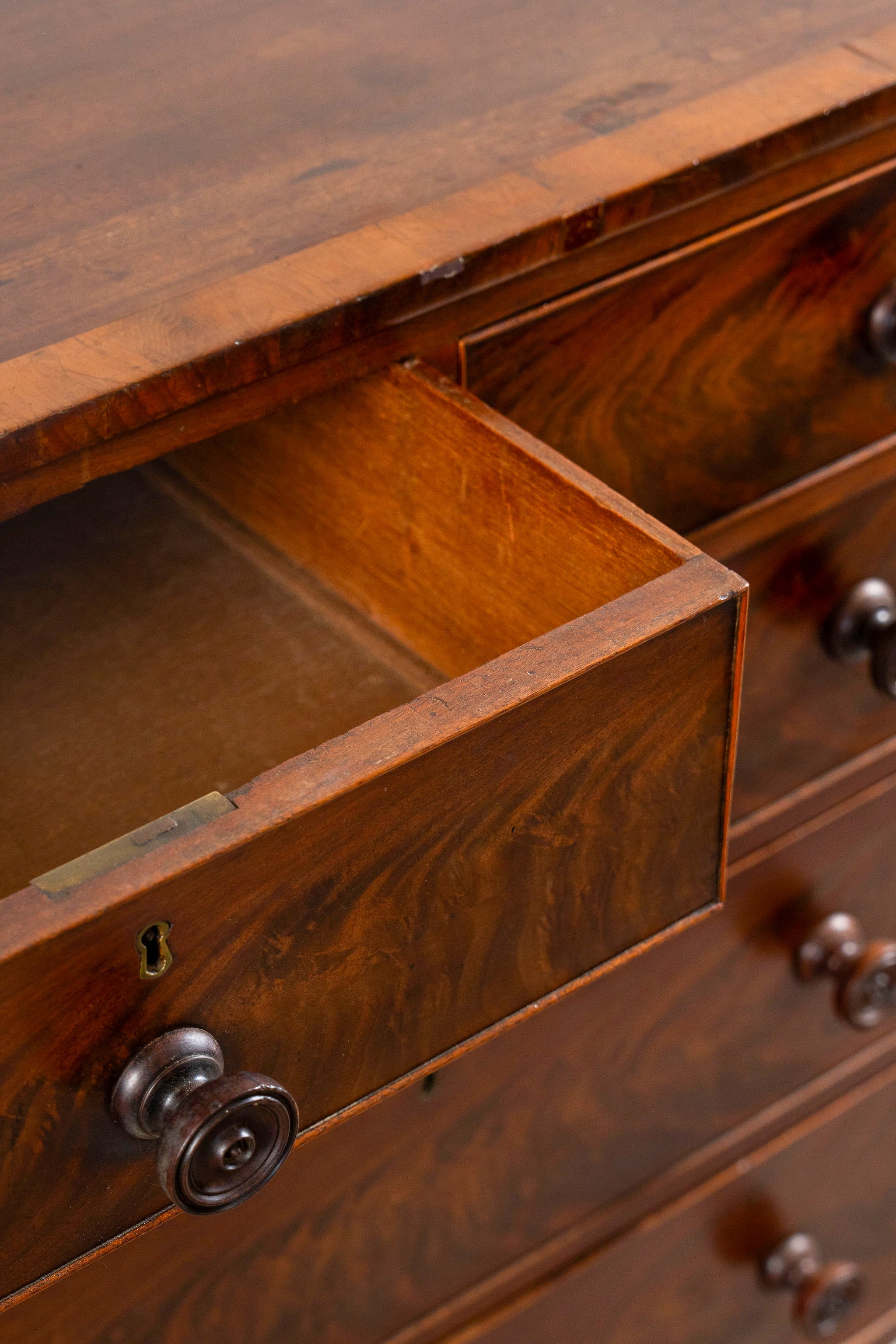 19th Century English Mahogany Chest with Banded Top + Wooden Knobs