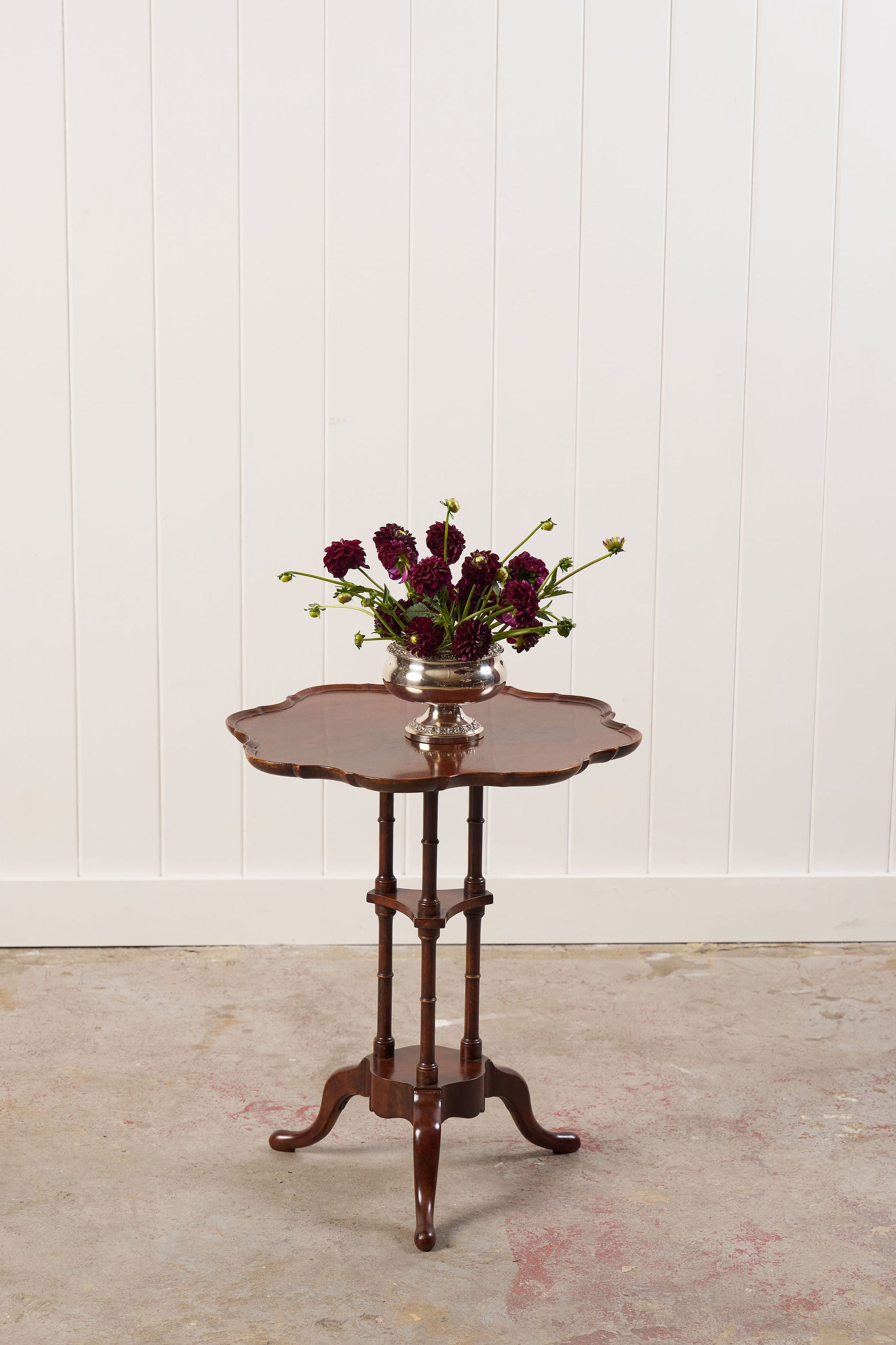 Mahogany Occasional Table, Three Turned Supports + Carved Feet (c. 1880)