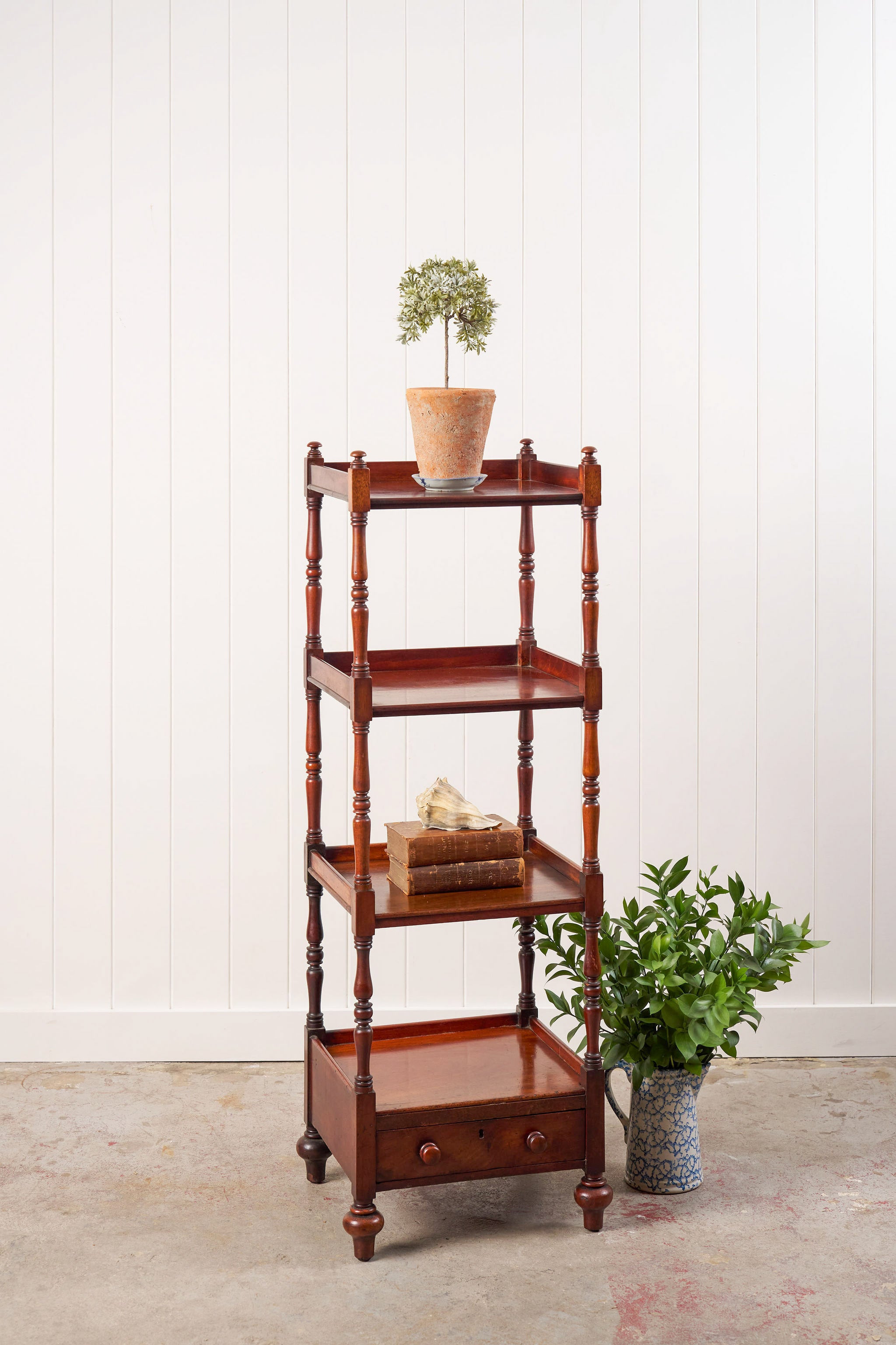 English Mahogany Four Tiered Whatnot with Bottom Drawer