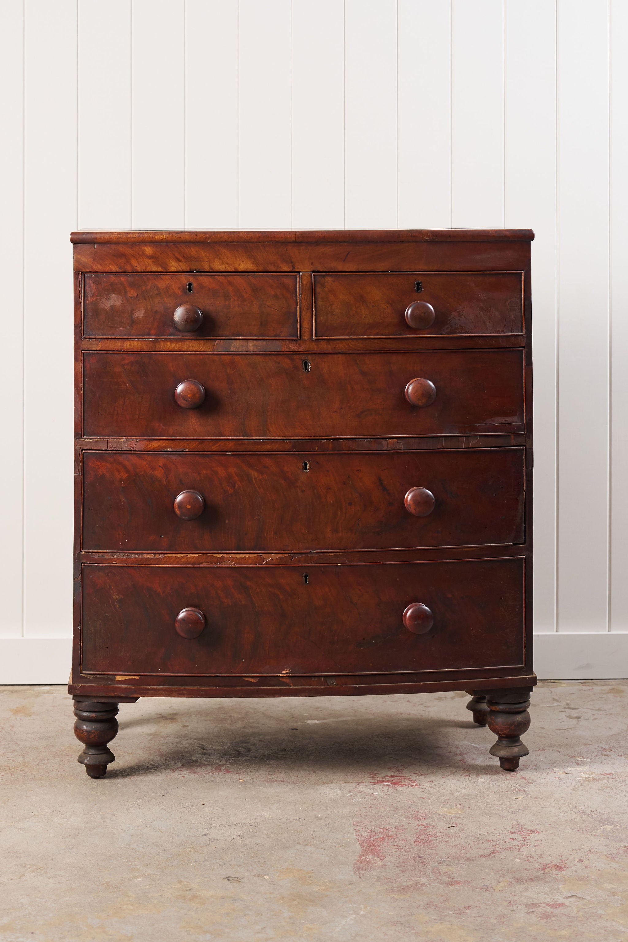 19th Century Walnut Bow Front Chest on Tulip Feet