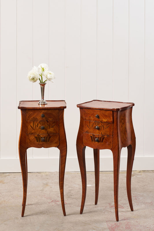 PAIR Louis XV Style Floral Marquetry Side Tables with Soft Scallop Top