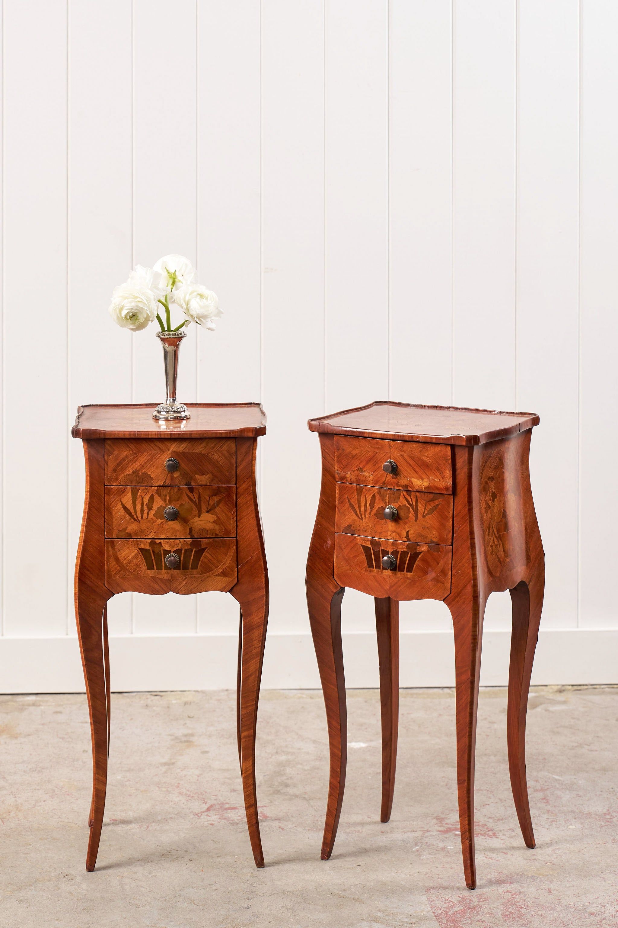PAIR Louis XV Style Floral Marquetry Side Tables with Soft Scallop Top