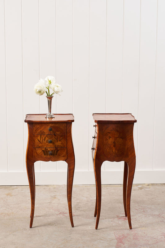 PAIR Louis XV Style Floral Marquetry Side Tables with Soft Scallop Top