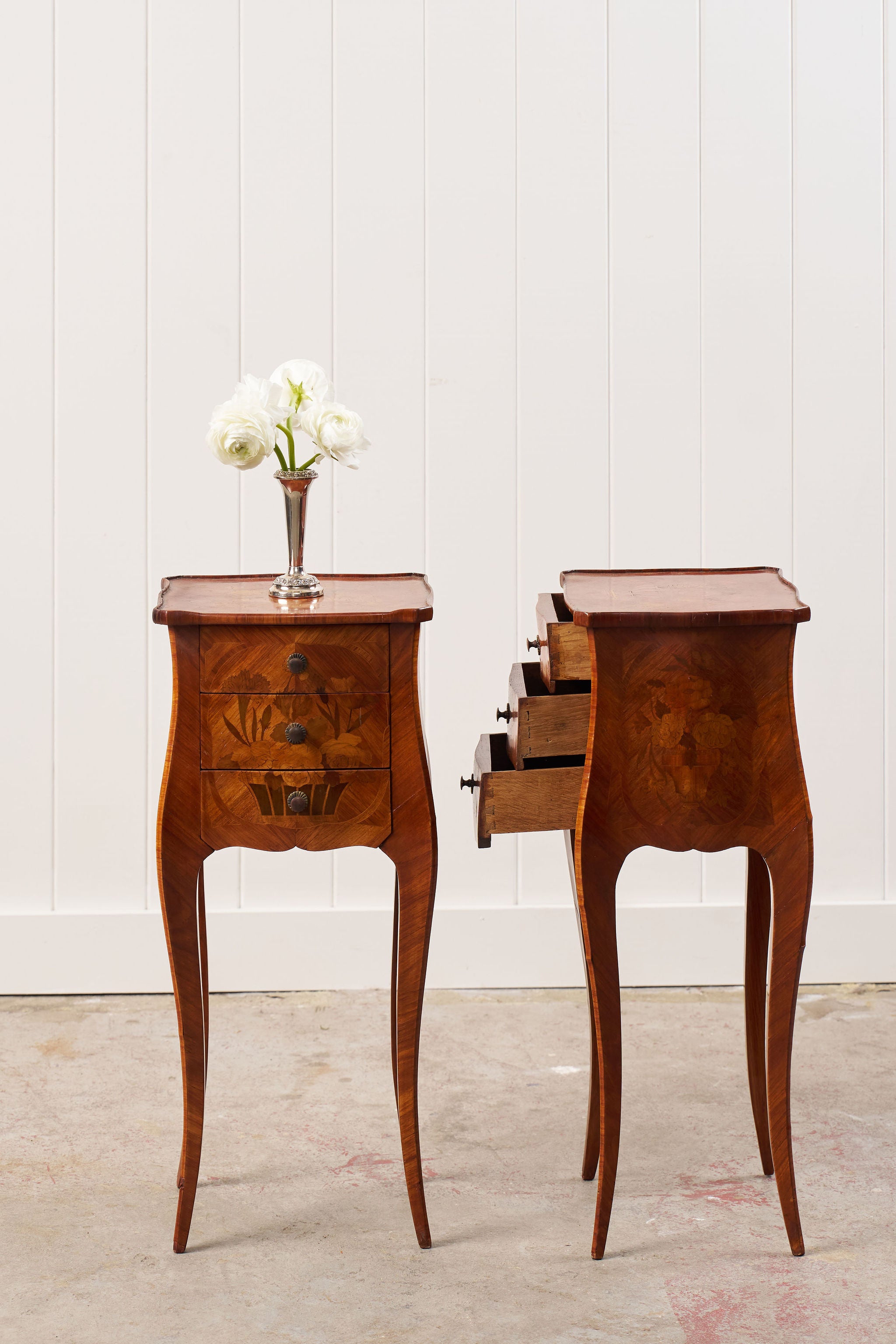PAIR Louis XV Style Floral Marquetry Side Tables with Soft Scallop Top