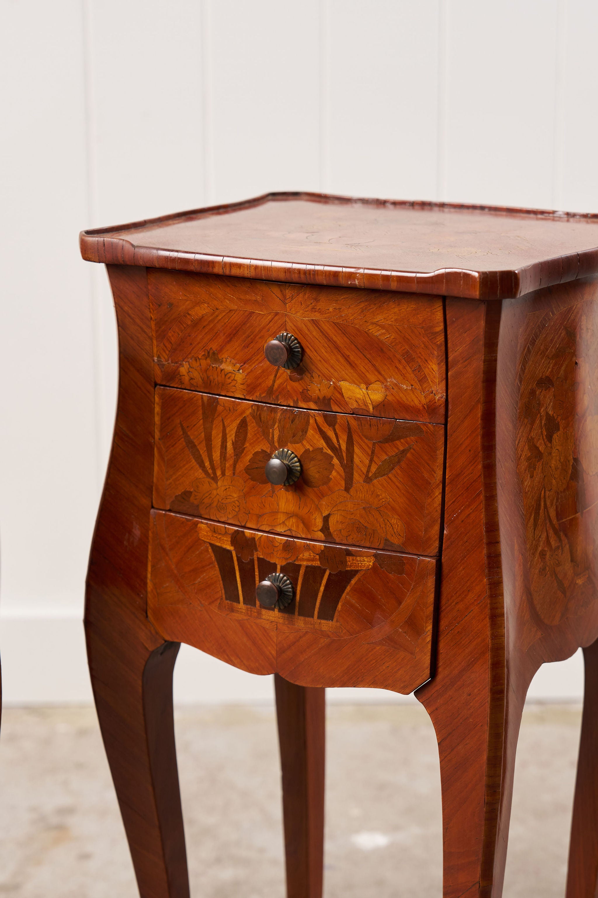 PAIR Louis XV Style Floral Marquetry Side Tables with Soft Scallop Top