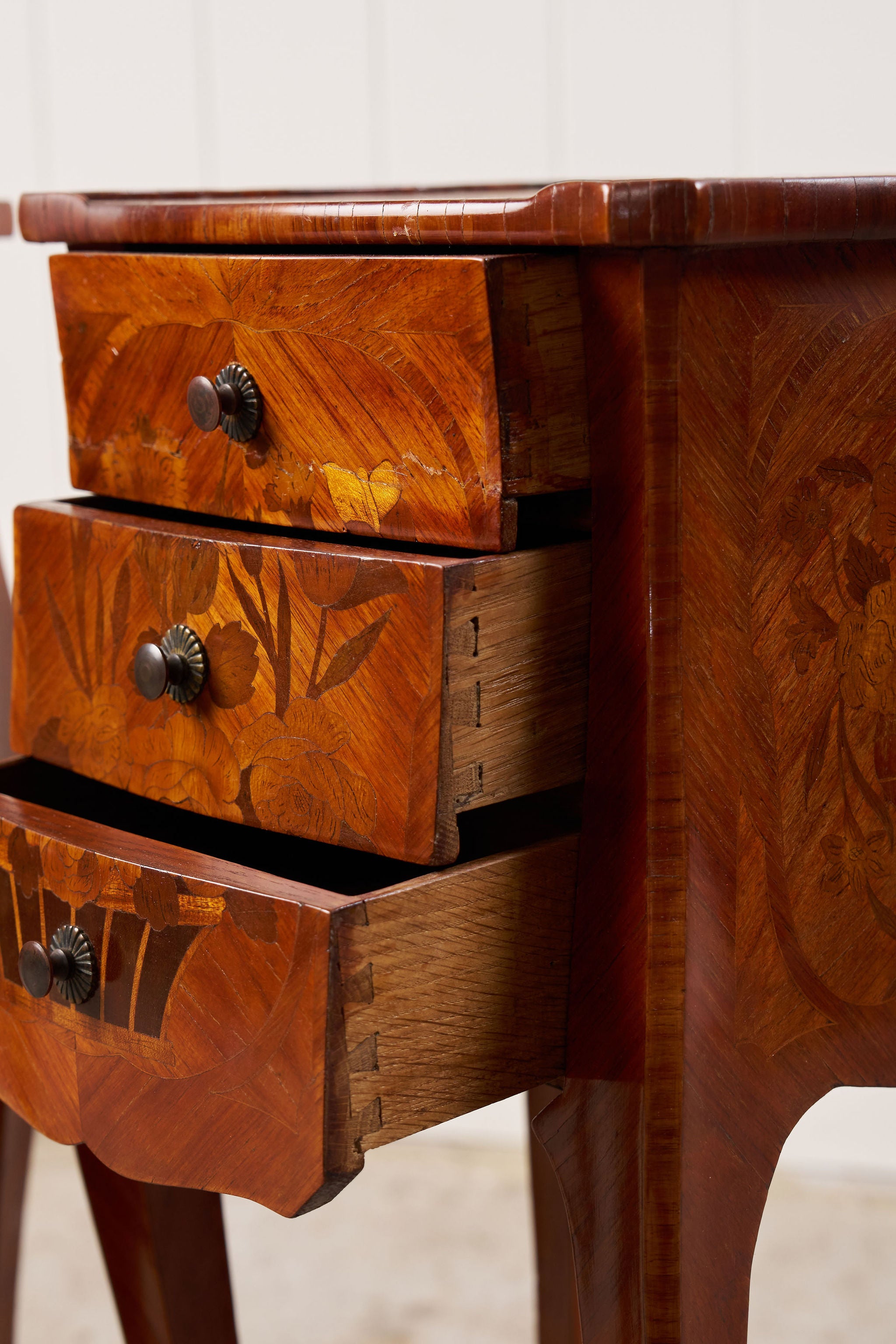 PAIR Louis XV Style Floral Marquetry Side Tables with Soft Scallop Top
